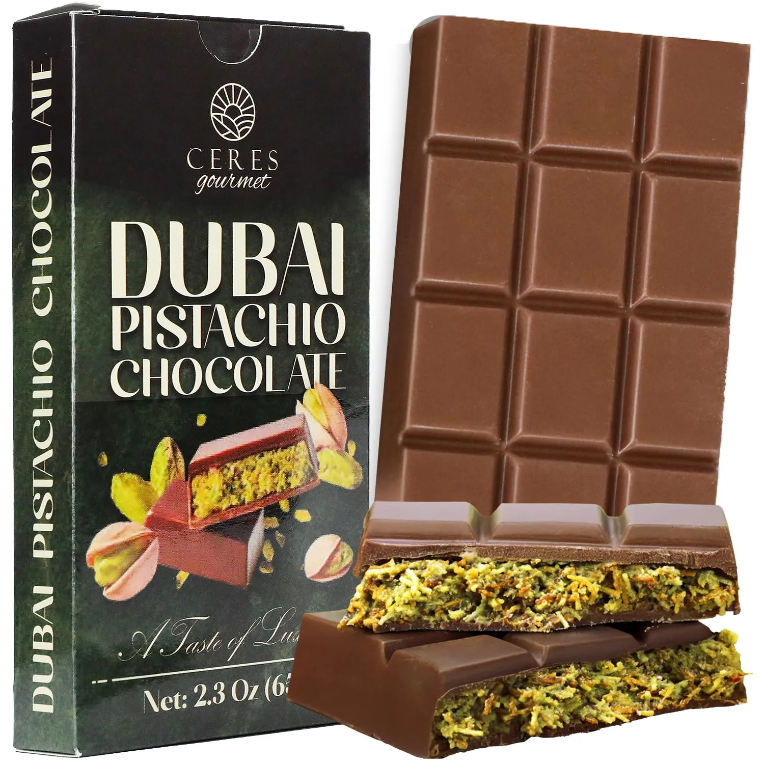 Ceres Gourmet Dubai Chocolate Bar, Pistachio Chocolate Knafeh Bar – 2.3oz (65g), Perfect Snack & Treat