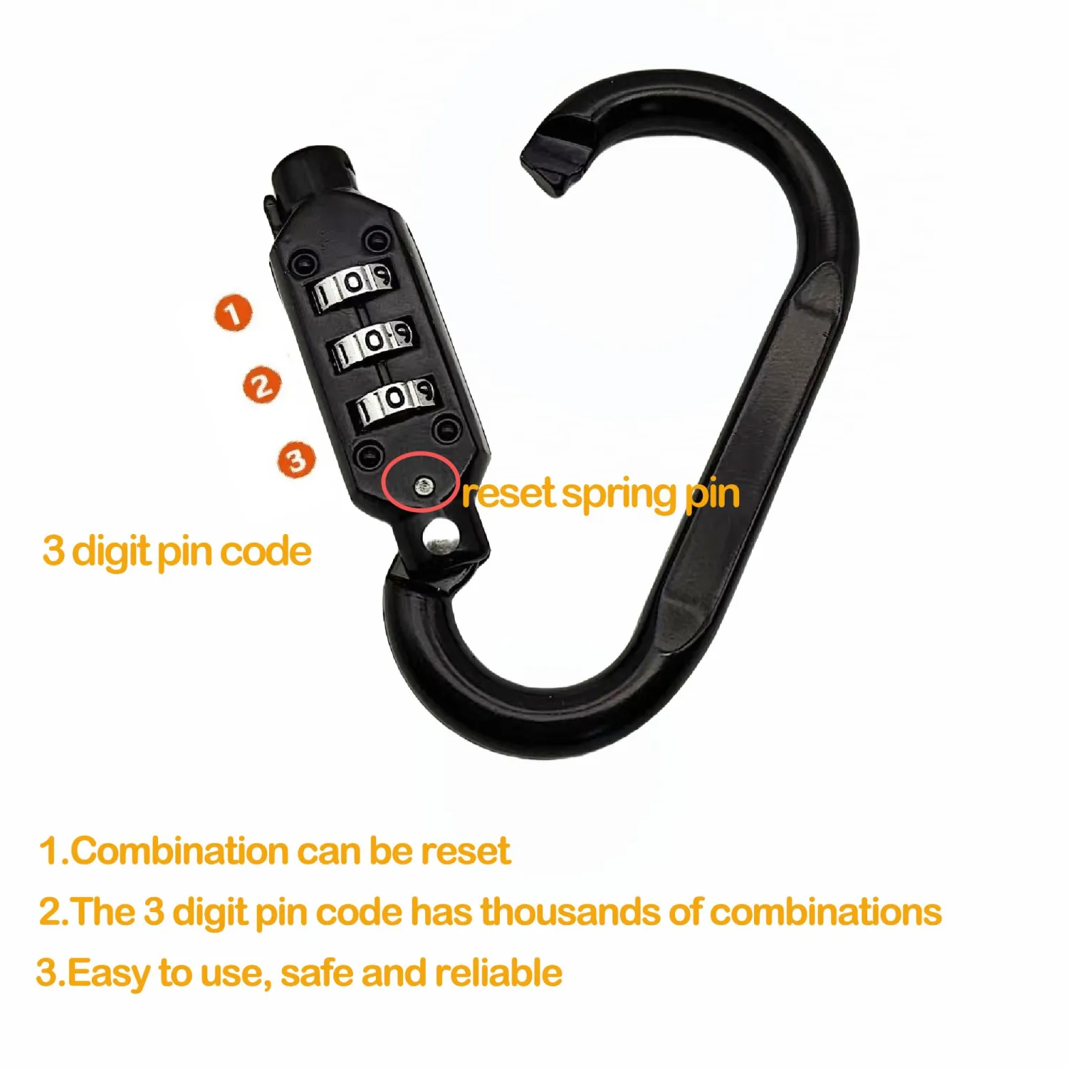Large 3 Inch Carabiner with Built-in 3-Digit Combination Lock – Durable Zinc Alloy, Keyless Security for Everyday Use