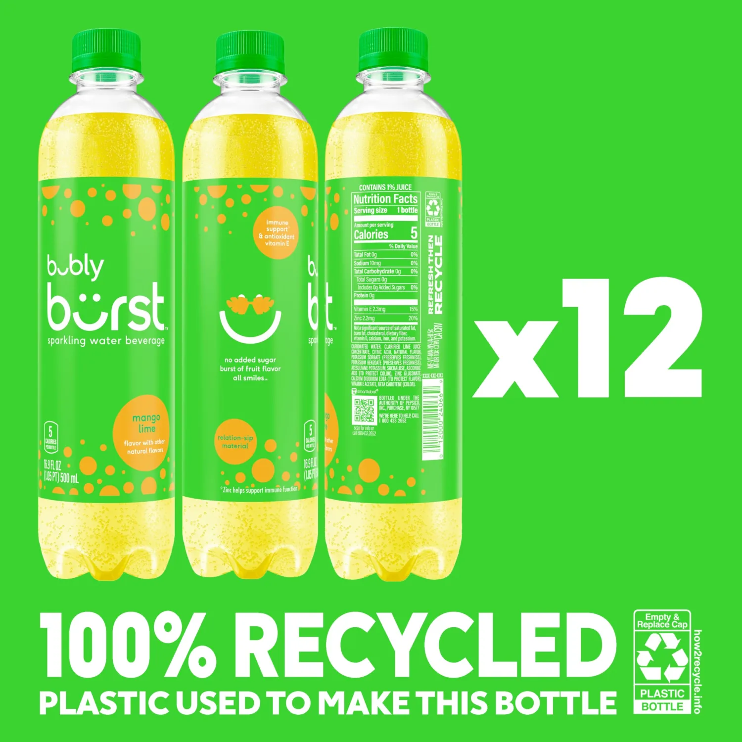 bubly burst, Mango Lime, 16.9 Fl Oz Bottles (Pack of 12)