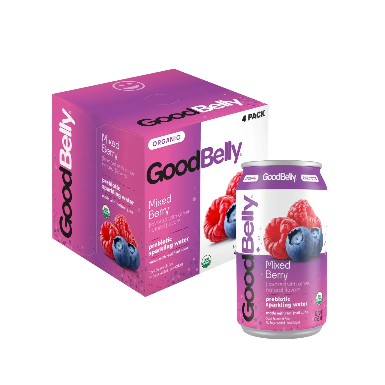 GoodBelly Organic Mixed Berry Prebiotic Flavored Sparkling Water| Refreshing Sparkling Water with Real Fruit Juice | No Added Sugar, Low Calorie | 12oz Cans - Pack of 4
