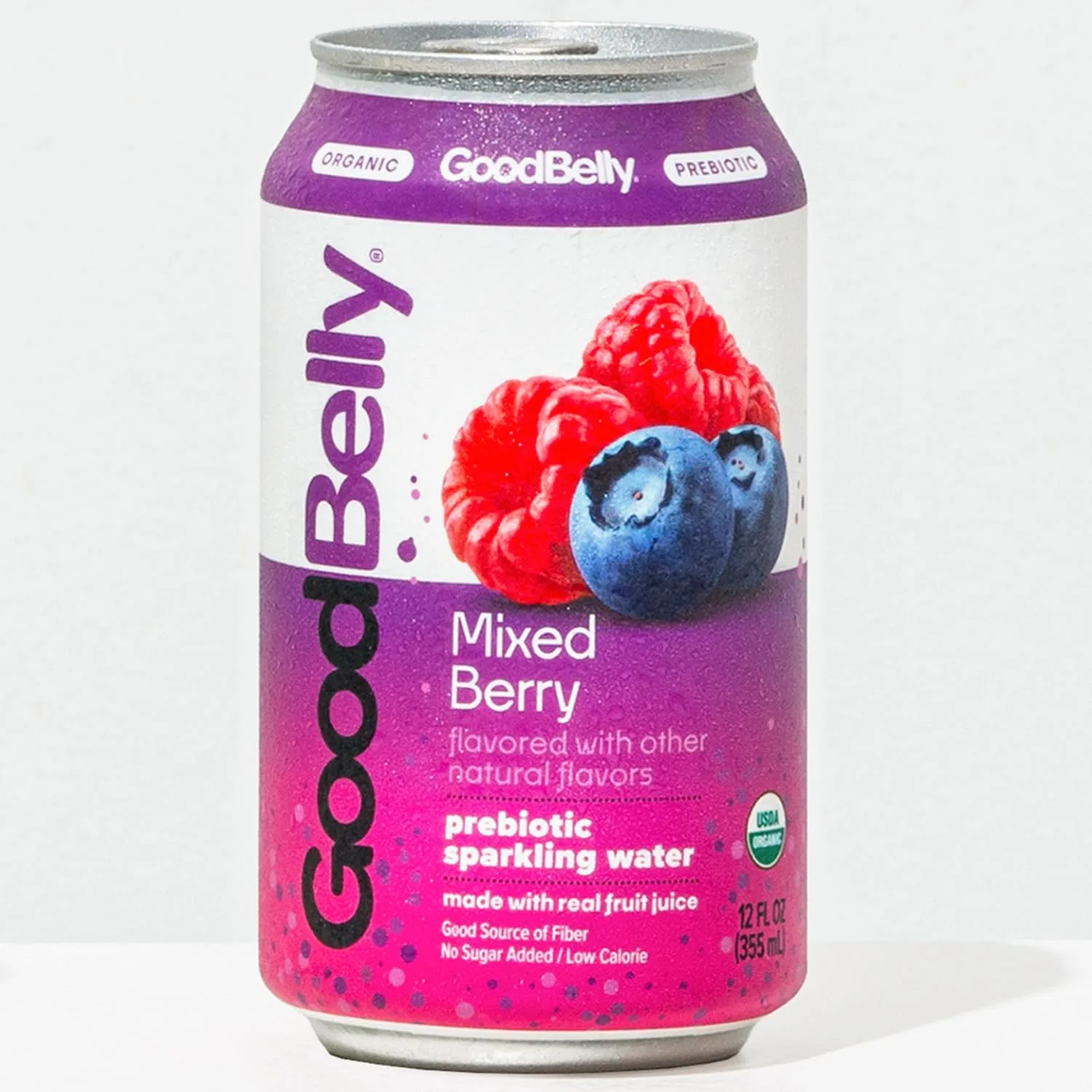 GoodBelly Organic Mixed Berry Prebiotic Flavored Sparkling Water| Refreshing Sparkling Water with Real Fruit Juice | No Added Sugar, Low Calorie | 12oz Cans - Pack of 4