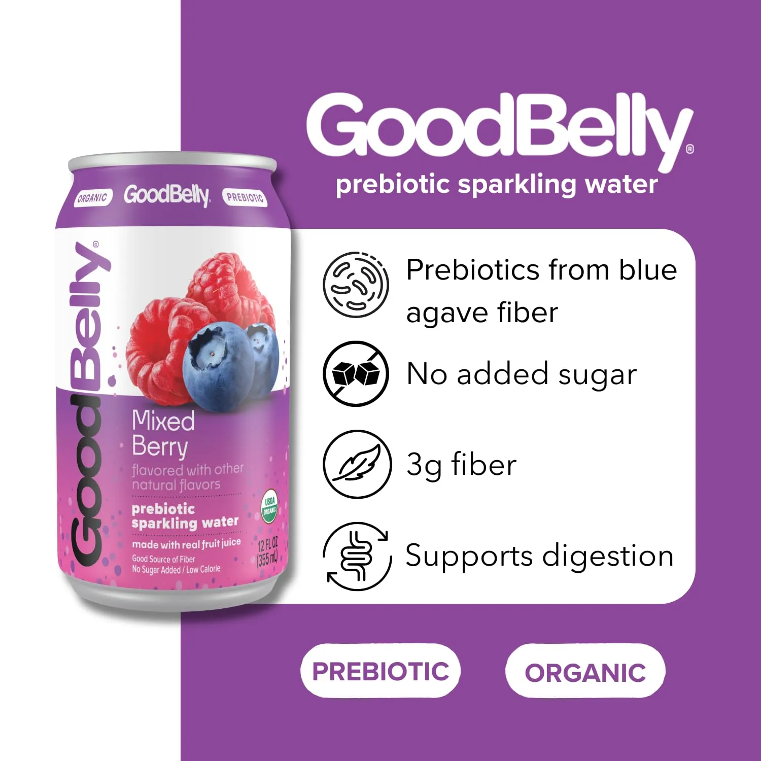 GoodBelly Organic Mixed Berry Prebiotic Flavored Sparkling Water| Refreshing Sparkling Water with Real Fruit Juice | No Added Sugar, Low Calorie | 12oz Cans - Pack of 4