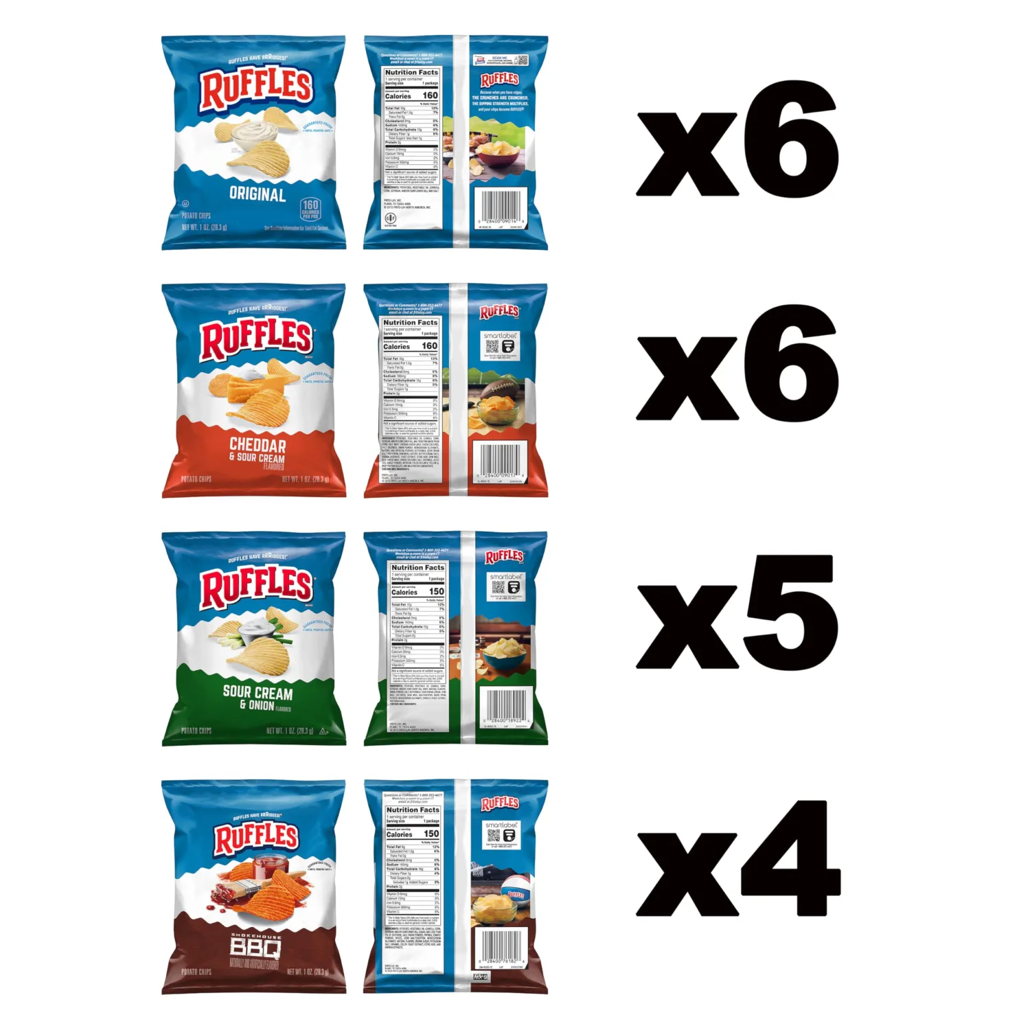 Ruffles Potato Chips, 4 Flavor Variety Pack, 1 oz Bags (Pack of 21)