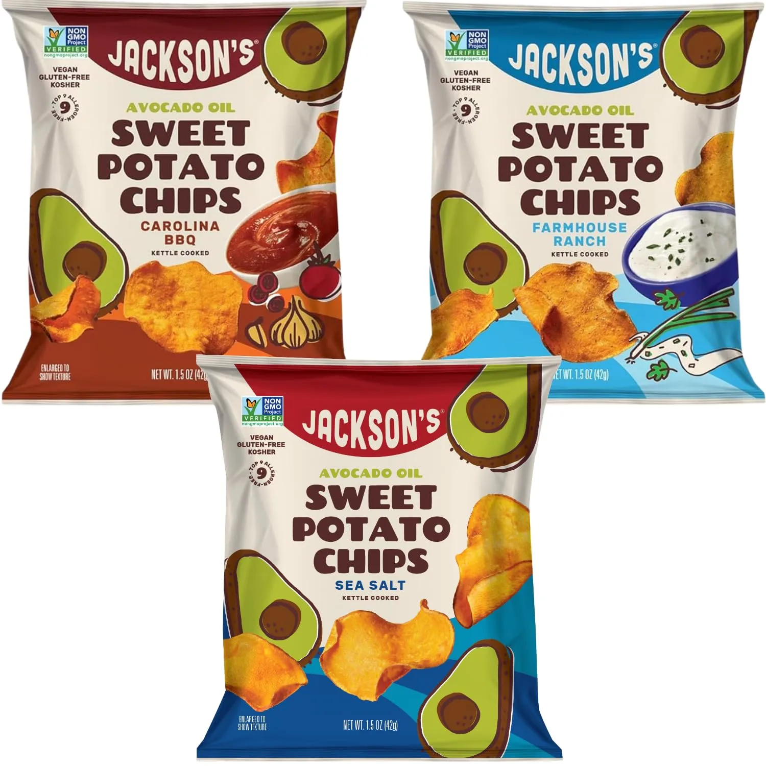 Jackson’s Sweet Potato Kettle Chips Avocado Oil Variety Pack made with Premium Oils (1.5 oz, Pack of 10) Sea Salt, Ranch and BBQ Flavors - Allergen-friendly, Gluten Free, Vegan