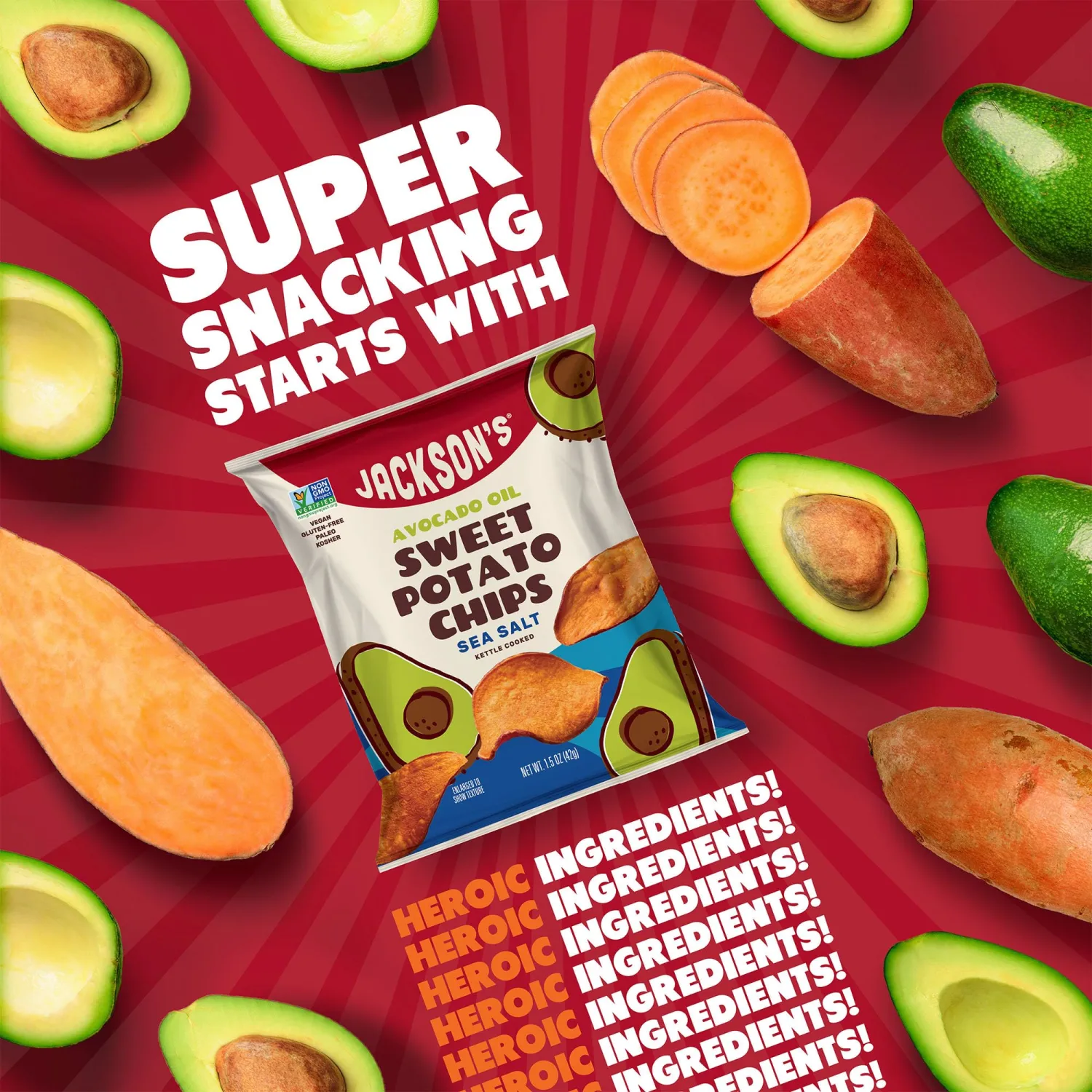 Jackson’s Sweet Potato Kettle Chips Avocado Oil Variety Pack made with Premium Oils (1.5 oz, Pack of 10) Sea Salt, Ranch and BBQ Flavors - Allergen-friendly, Gluten Free, Vegan