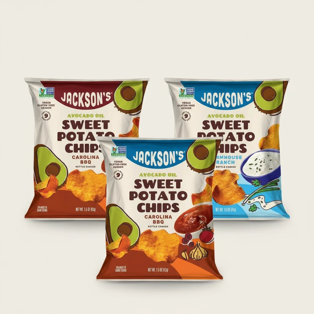 Jackson’s Sweet Potato Kettle Chips Avocado Oil Variety Pack made with Premium Oils (1.5 oz, Pack of 10) Sea Salt, Ranch and BBQ Flavors - Allergen-friendly, Gluten Free, Vegan