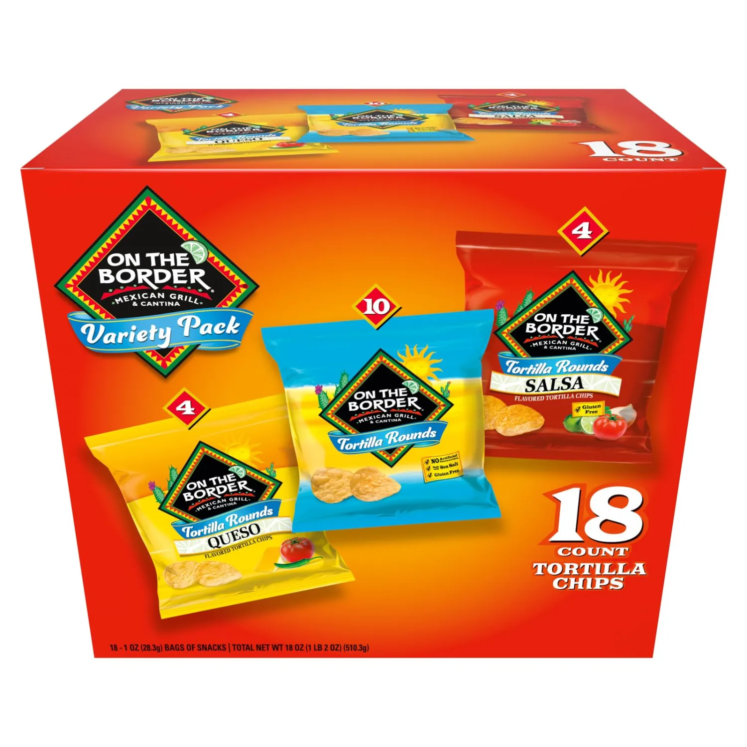 On The Border Tortilla Chips Variety Pack, 18 Count Single-Serve Bags (1 oz Each) – Includes Tortilla Rounds, Queso Flavored Tortilla Rounds, and Salsa Flavored Tortilla Rounds – Perfect for Snacking, Lunches, and On-the-Go