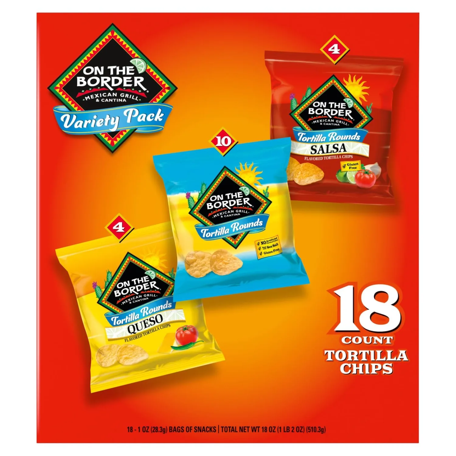 On The Border Tortilla Chips Variety Pack, 18 Count Single-Serve Bags (1 oz Each) – Includes Tortilla Rounds, Queso Flavored Tortilla Rounds, and Salsa Flavored Tortilla Rounds – Perfect for Snacking, Lunches, and On-the-Go