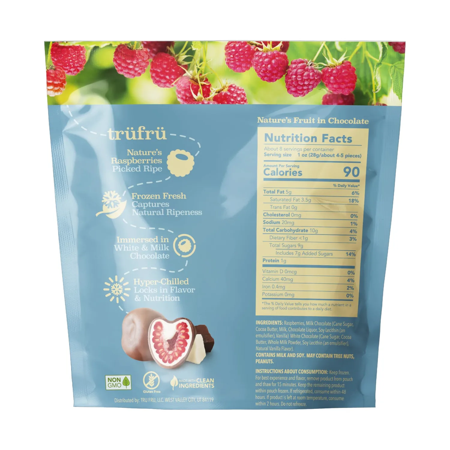 Tru Fru Nature's Raspberries Hyper-Chilled In White & Milk Chocolate, 8 Ounce Bag