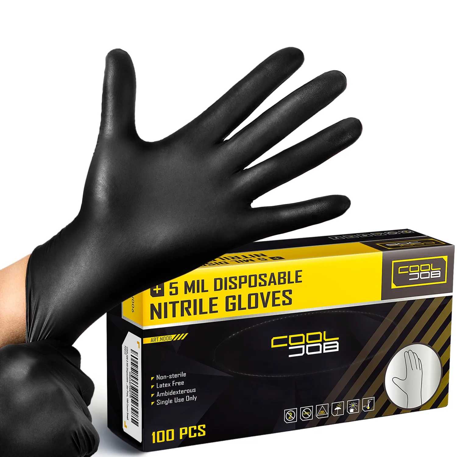 COOLJOB 5 Mil Black Disposable Nitrile Gloves for Men, Heavy-Duty for Household Cleaning, Cooking, Working, Powder Free, S-XL