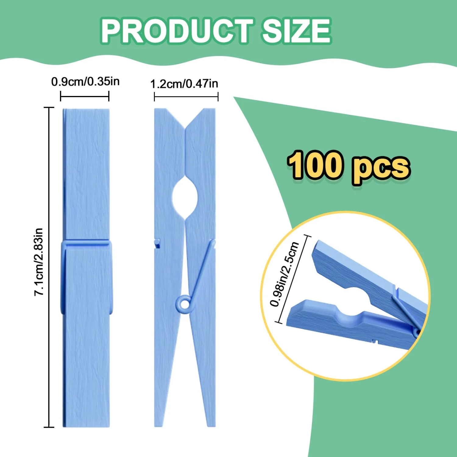 100Pcs Blue Clothespins, 2.9 Inch Clothes Pins Wooden, Colorful Clothespins for Hanging Clothes Crafts Picture Laundry Clips Cheer