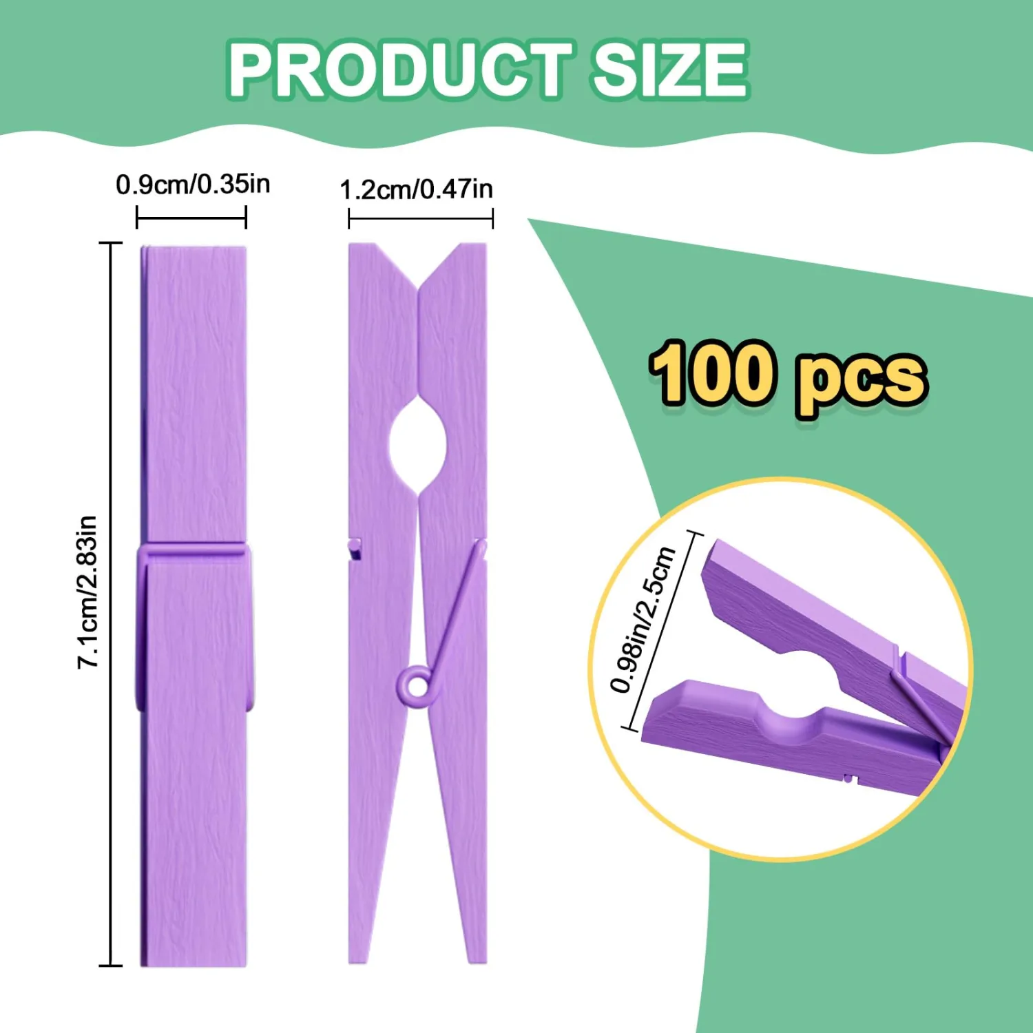 100Pcs Purple Clothespins, 2.9 Inch Clothes Pins Wooden, Colorful Clothespins for Hanging Clothes Crafts Picture Laundry