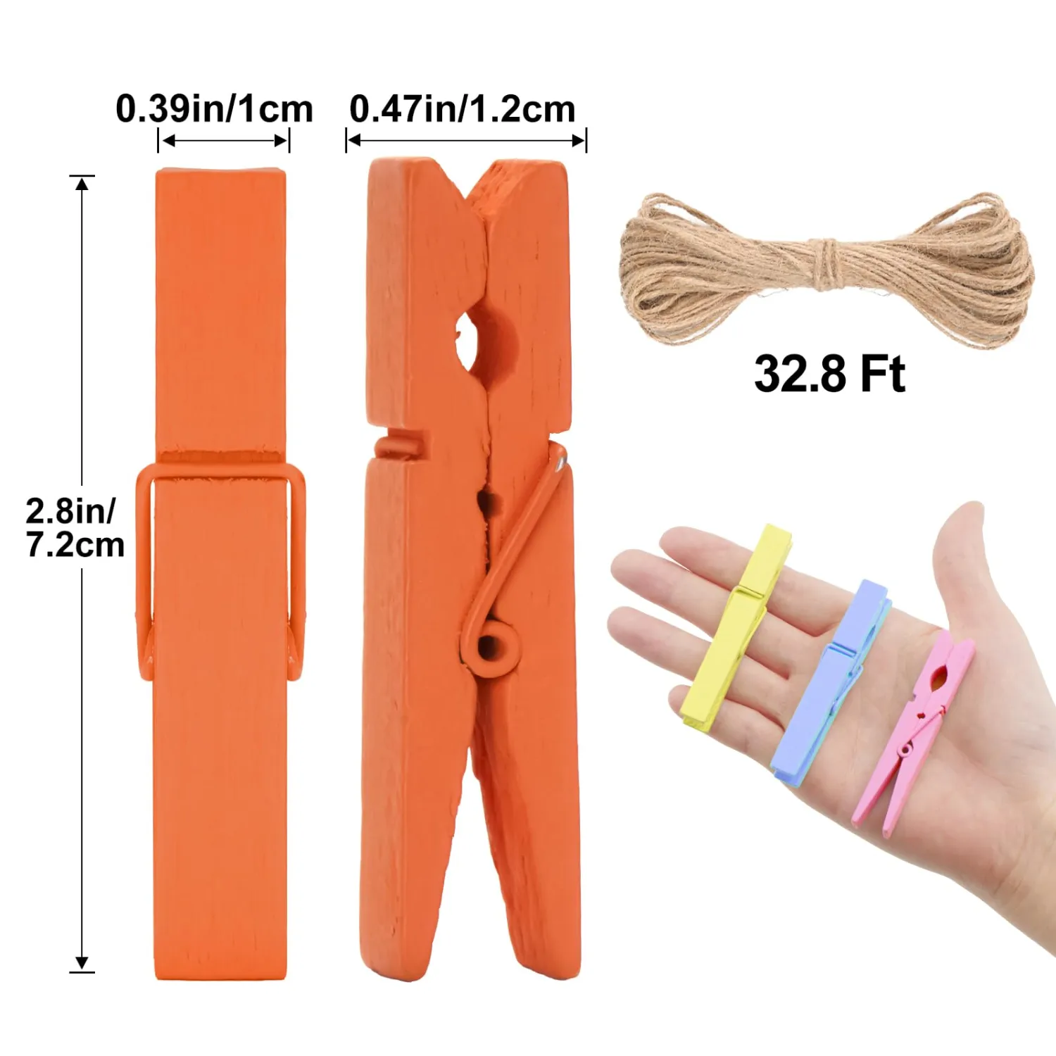jijAcraft Colored Wooden Clips with String, 50Pcs 2.9Inch Large Clothes Pins, 10 Colors Photo Display Hanging Clips, Craft Decoration Wooden Clips for Baby Shower, Birthday, Wedding
