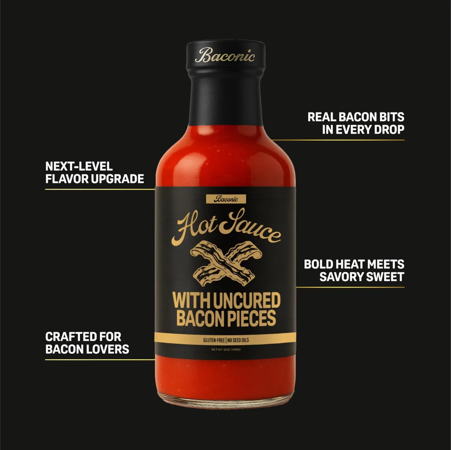 Baconic Hot Sauce with Real Bacon Bits – Zero Sugar, Clean Ingredients, No Seed Oils, Bold Flavor with a Spicy Kick – 12oz Glass Bottle