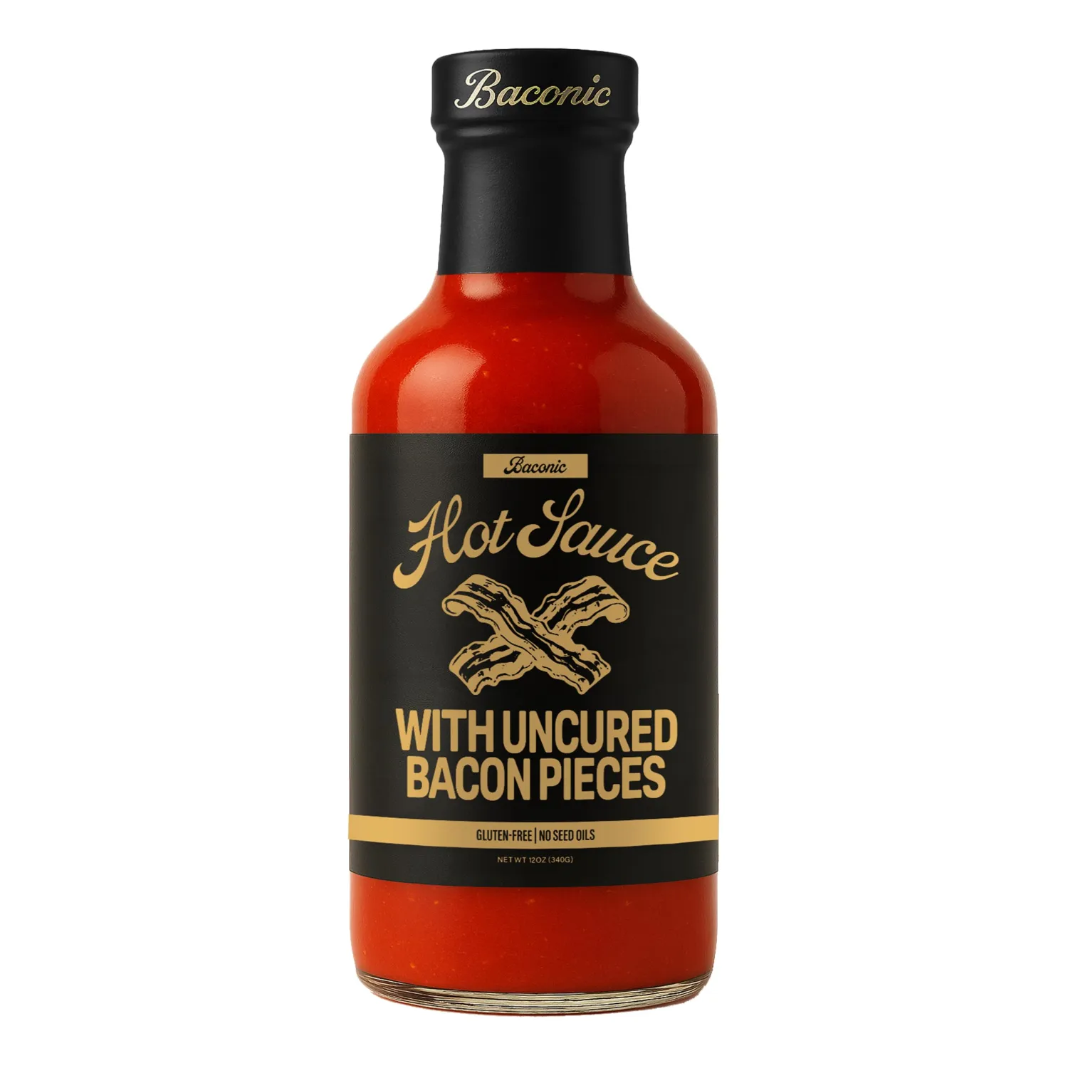 Baconic Hot Sauce with Real Bacon Bits – Zero Sugar, Clean Ingredients, No Seed Oils, Bold Flavor with a Spicy Kick – 12oz Glass Bottle