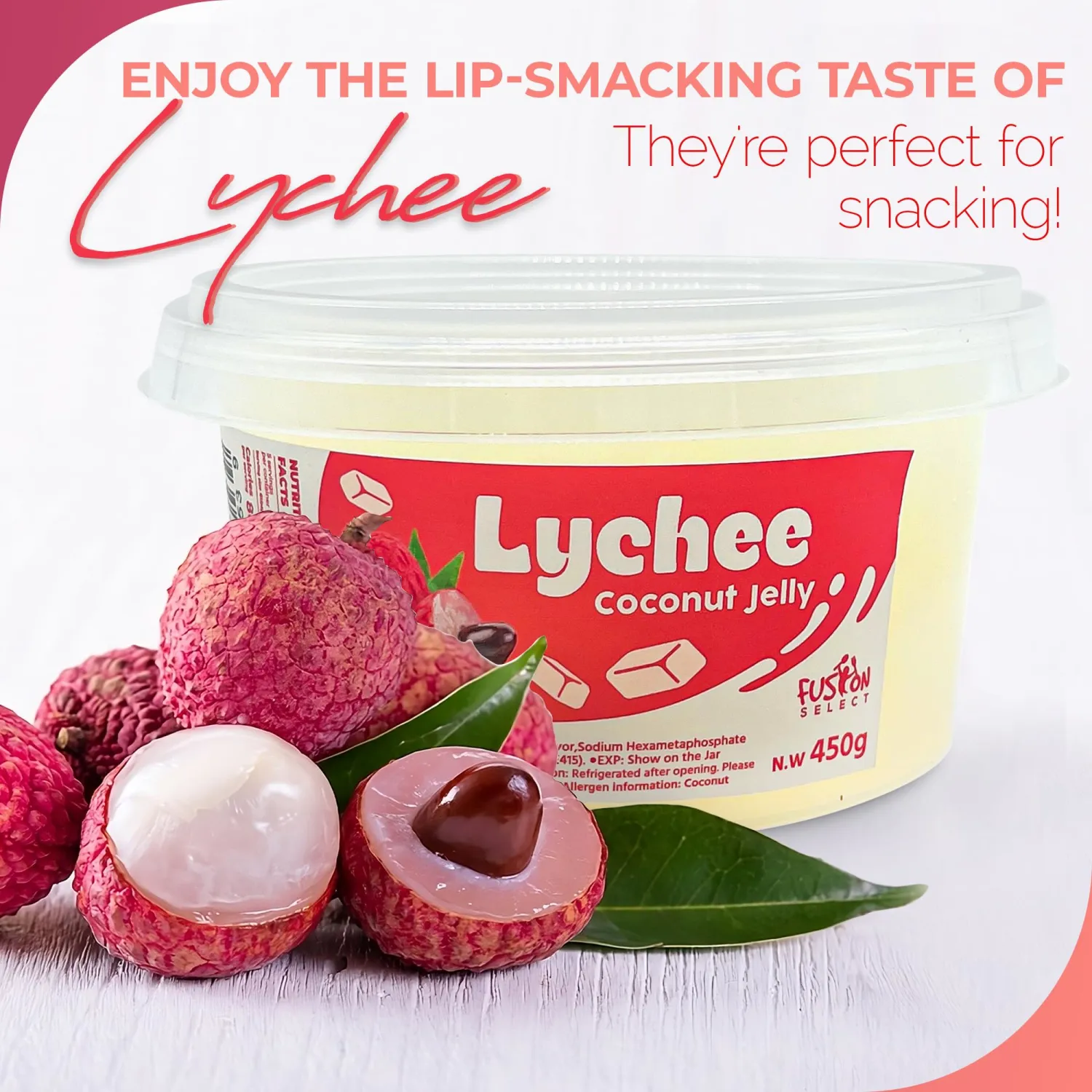 Fusion Select Lychee Jelly Coconut Jelly with Fruit Flavored for Bubble Tea, Yogurt, Ice Cream, Beverage, Fruit Tea, and Snow Fluff, Dessert Toppings 14 Ounce