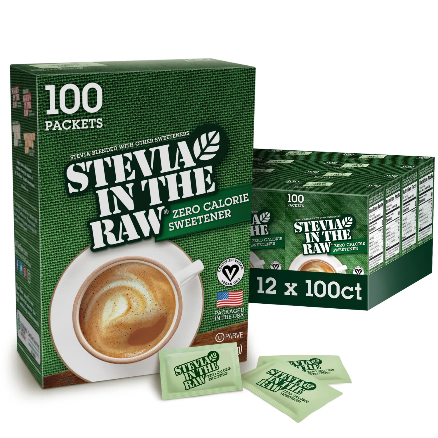 STEVIA IN THE RAW, Zero Calorie Sweetener Packets 100 Count Box (12 Pack)