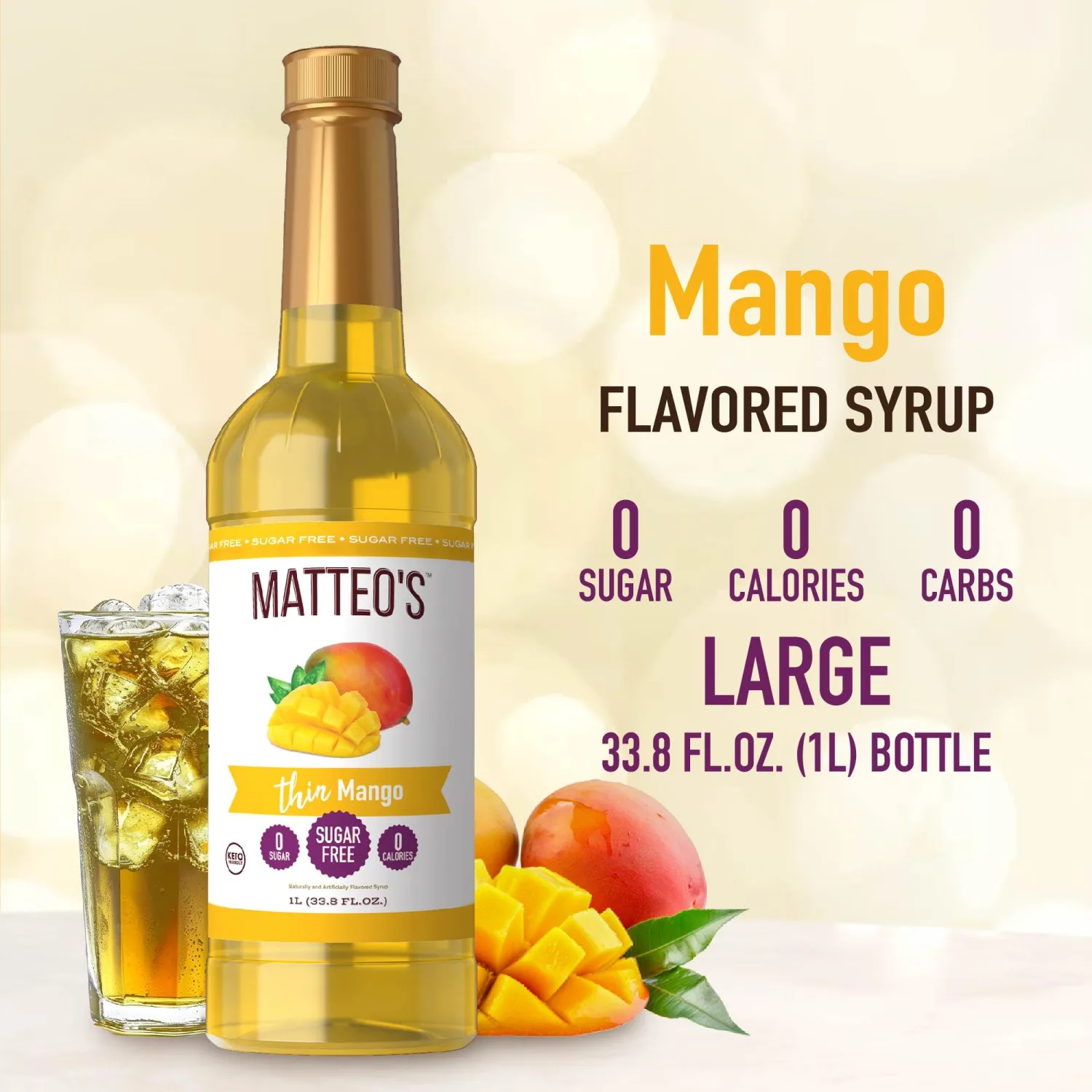 Matteo's Sugar-Free Fruit Syrup, Sweeteners for all types of Beverages - for Pastry, Dessert, Kitchen, Restaurant and Bars, Vibrant Mango Flavor, Sweet, Tropical Non Alcoholic Syrup (33.8oz - 6pk)