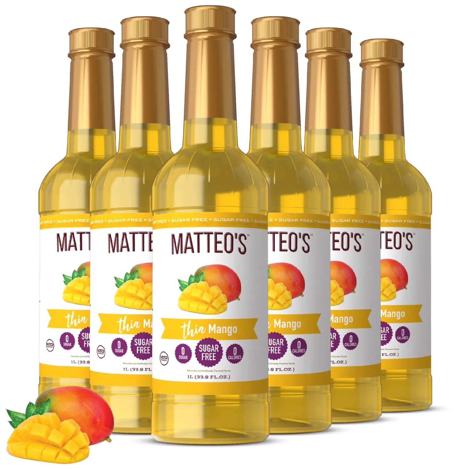 Matteo's Sugar-Free Fruit Syrup, Sweeteners for all types of Beverages - for Pastry, Dessert, Kitchen, Restaurant and Bars, Vibrant Mango Flavor, Sweet, Tropical Non Alcoholic Syrup (33.8oz - 6pk)