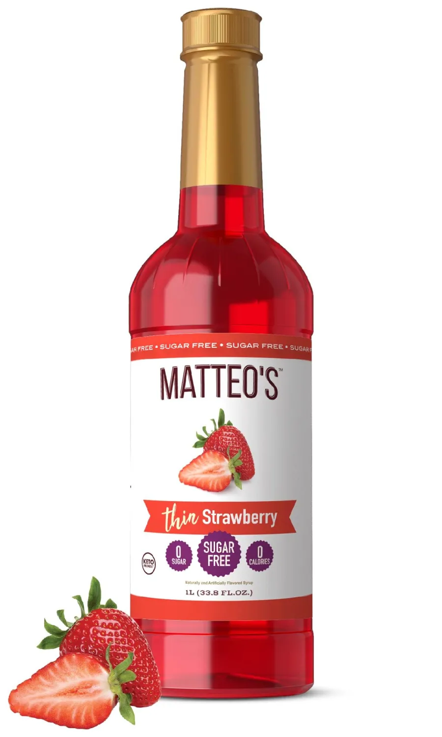 Matteo's Sugar-Free Fruit Syrup, Sweeteners for all types of Beverages- for Pastry, Dessert, Kitchen, Restaurant and Bars, Authentic Strawberry Flavor, Sweet, Fruity Non Alcoholic Syrup (33.8oz - 1pk)