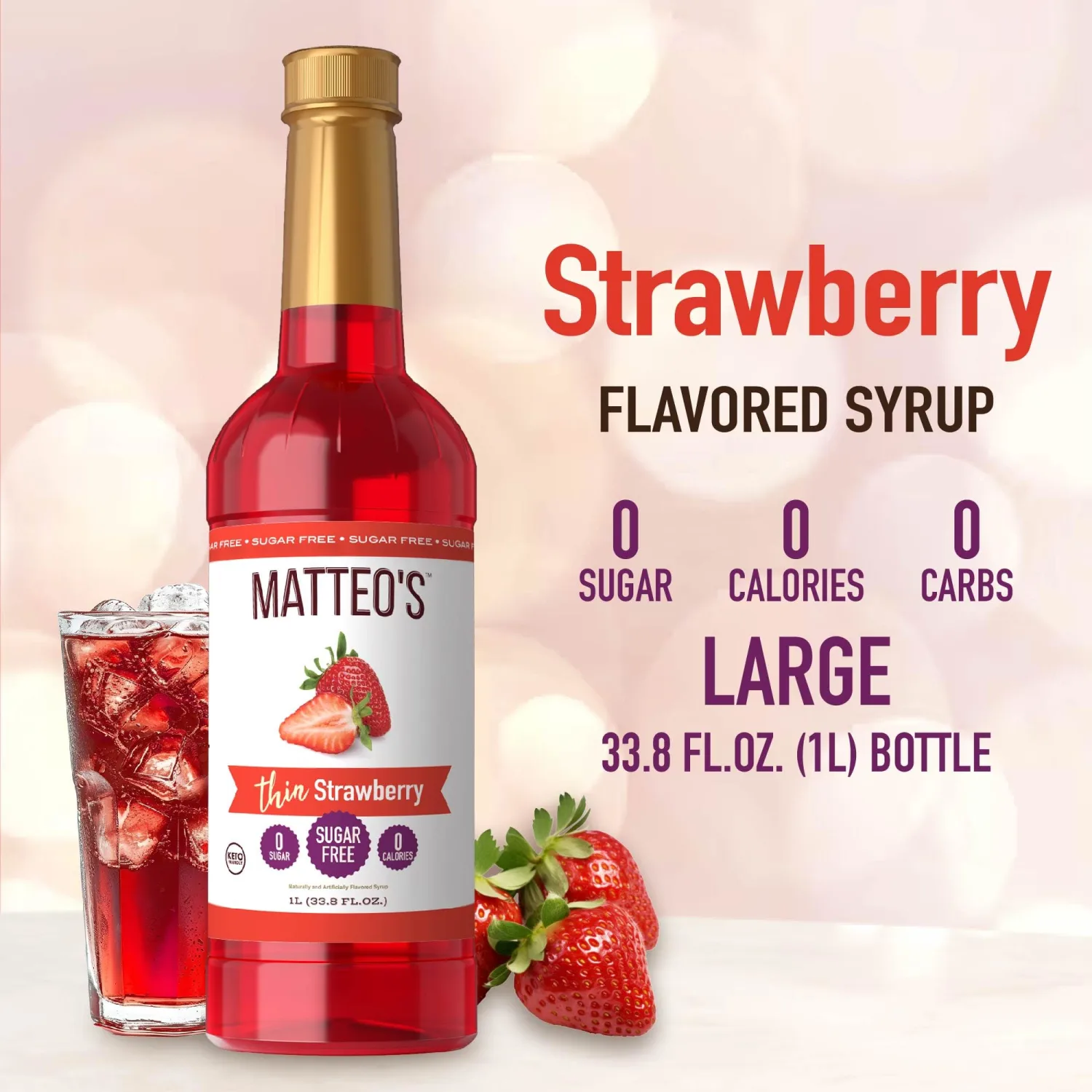Matteo's Sugar-Free Fruit Syrup, Sweeteners for all types of Beverages- for Pastry, Dessert, Kitchen, Restaurant and Bars, Authentic Strawberry Flavor, Sweet, Fruity Non Alcoholic Syrup (33.8oz - 1pk)