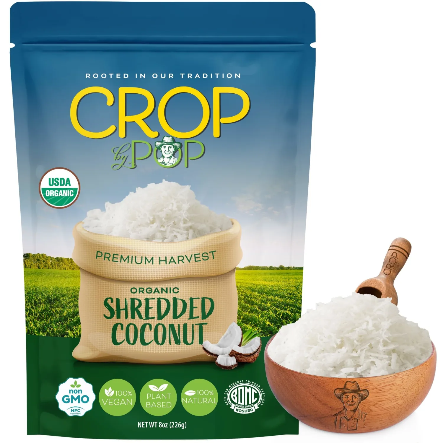 CROP BY POP - Organic Shredded Coconut Flakes, Unsweetened, No Sugar Added, Medium Desiccated, Dry (8oz - 1 Pack) Non GMO, Gluten Free, Vegan, Kosher Perfect for Baking, Cooking, Snacking & Garnishing