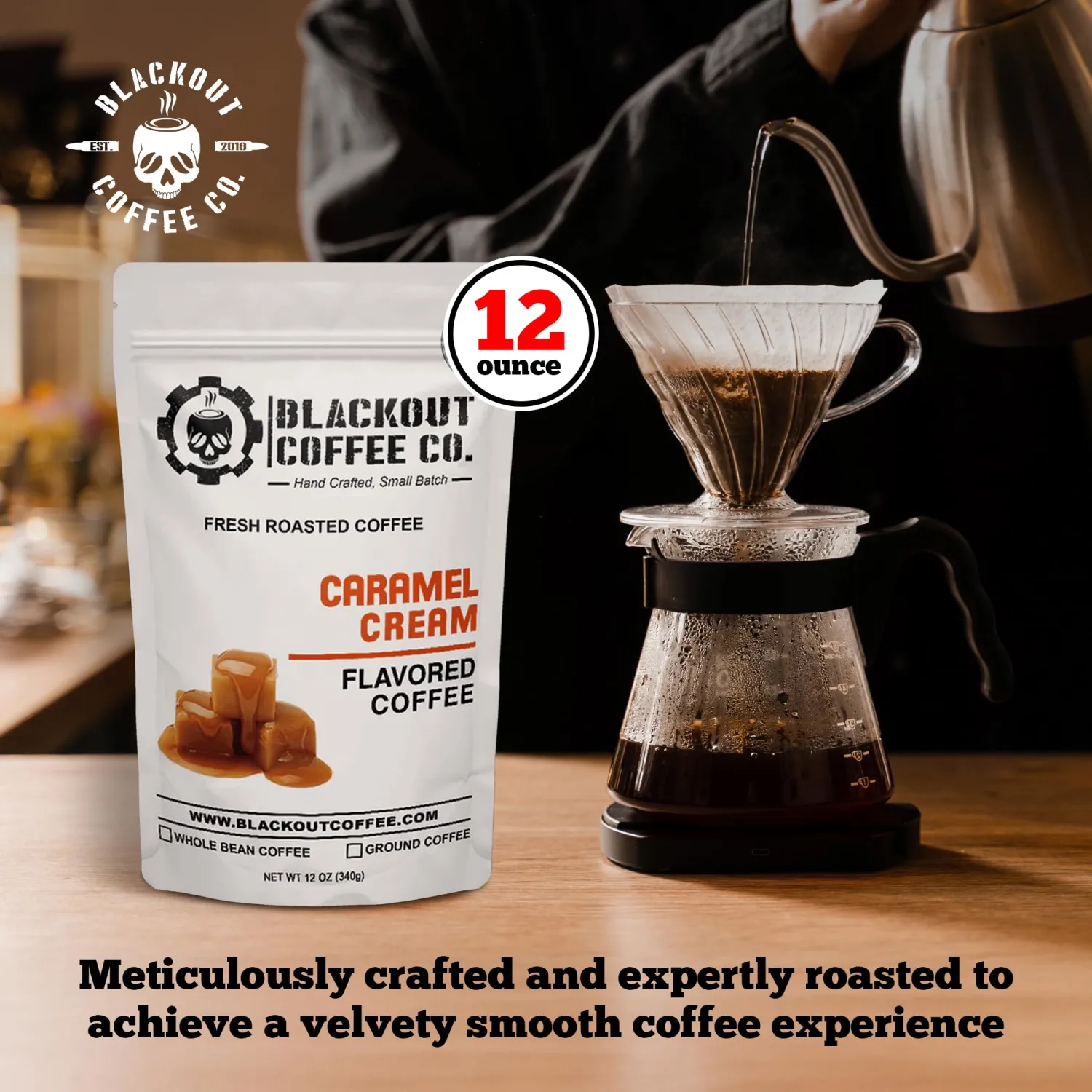 Blackout Coffee Caramel Cream Flavored Coffee - Ground Coffee, Fresh Roasted In the USA,12 oz pouch