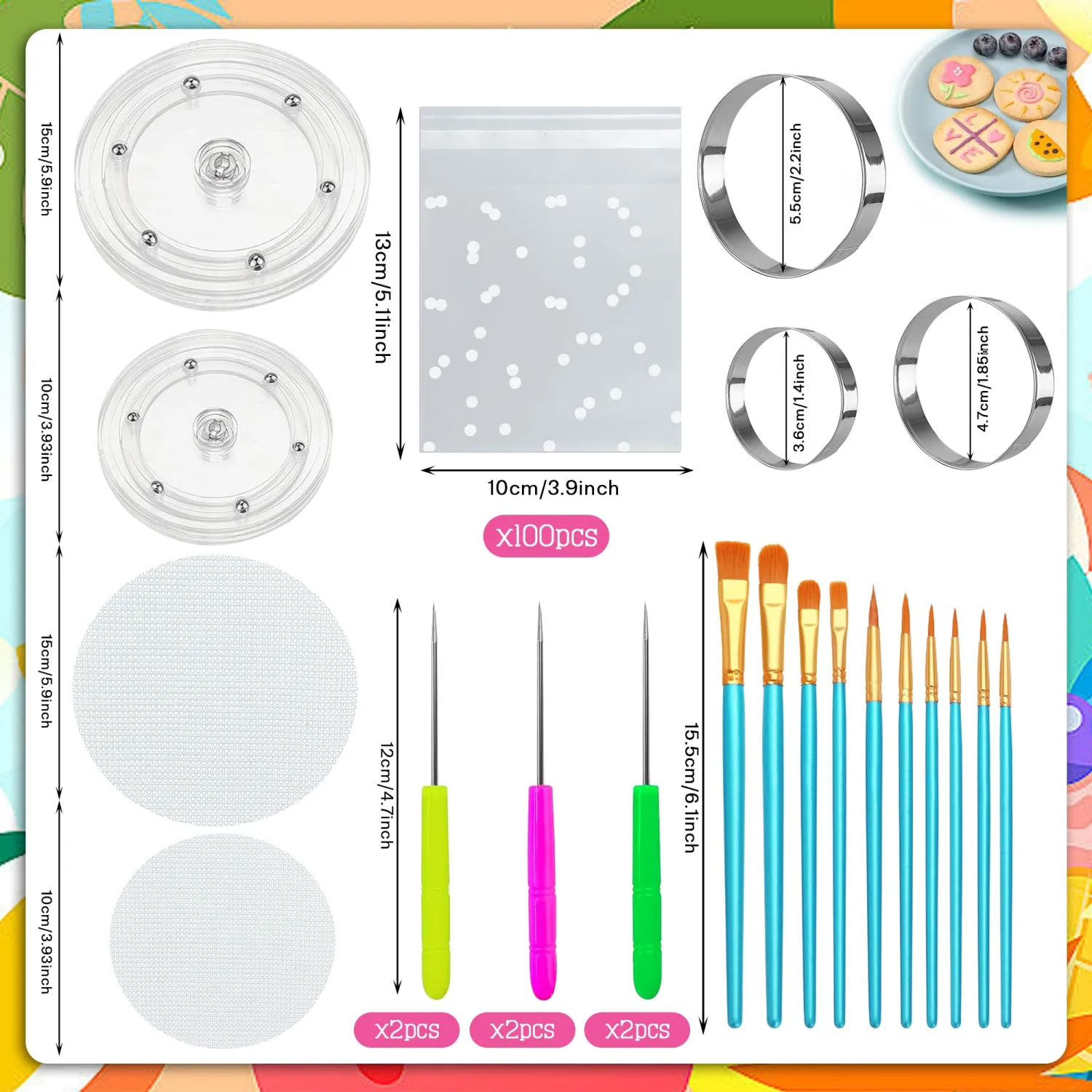 123 PCS Cookie Decorating Kit Supplies Including Acrylic Turntable Decoration Brushes Scribe Needle Bags Cookie Cutter for Cookie Cupcake Cake Decoration