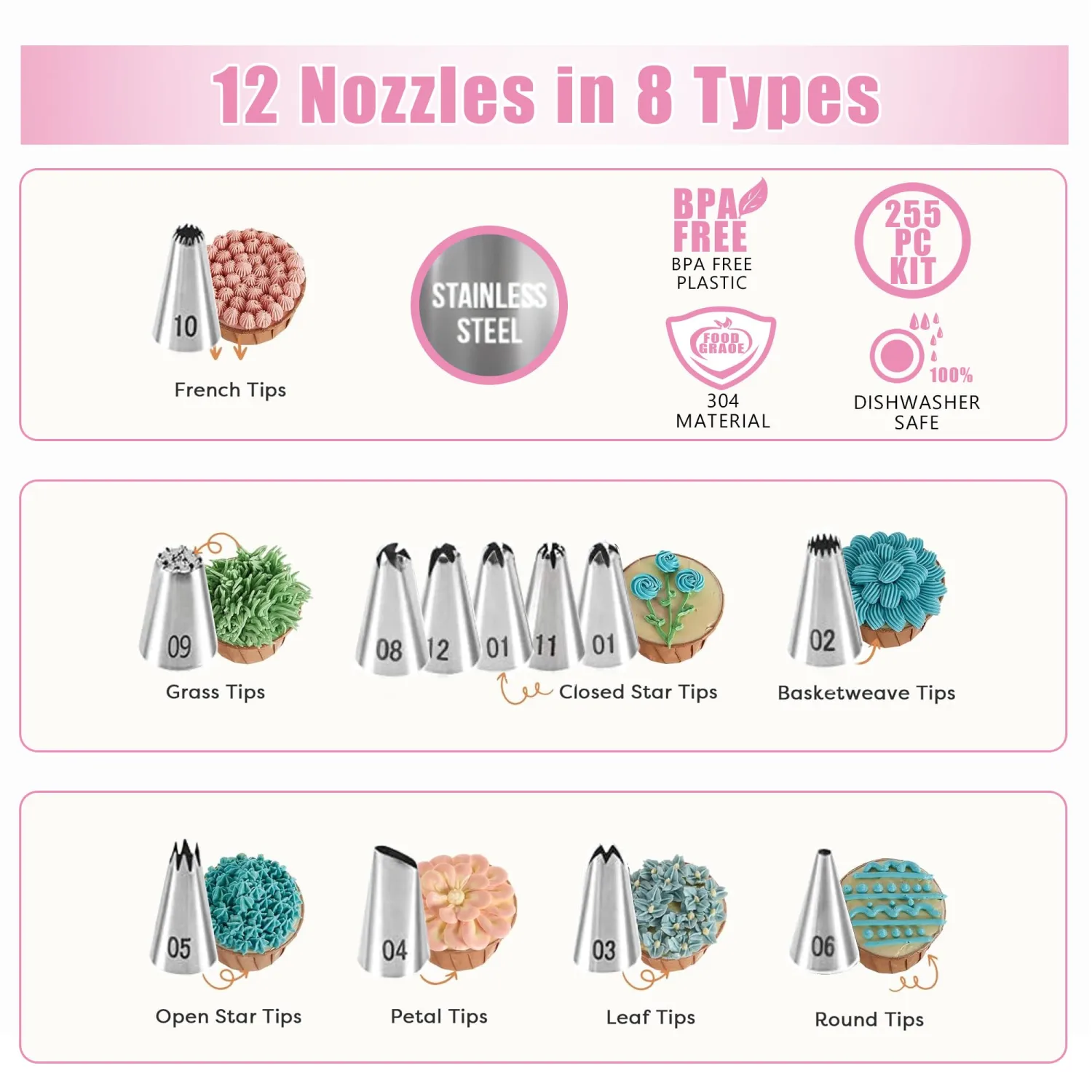 Cake Decorating Supplies Kit Tools 255pcs, Cake Decorating Set with Cake Turntable, 12 Numbered Icing Piping Tips, Cookie Cutters, Icing Smoother & Other Accessories for Cake Decoration (255 PCS)