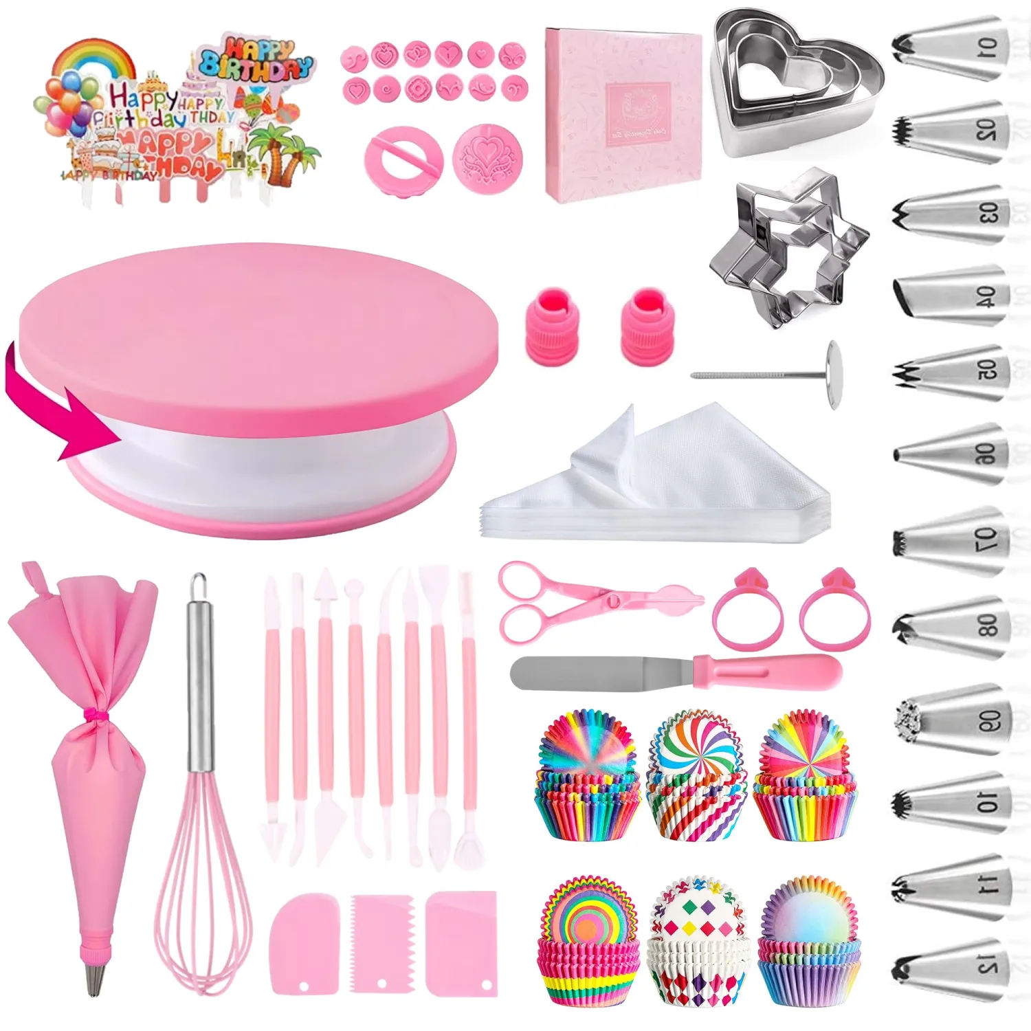 Cake Decorating Supplies Kit Tools 255pcs, Cake Decorating Set with Cake Turntable, 12 Numbered Icing Piping Tips, Cookie Cutters, Icing Smoother & Other Accessories for Cake Decoration (255 PCS)