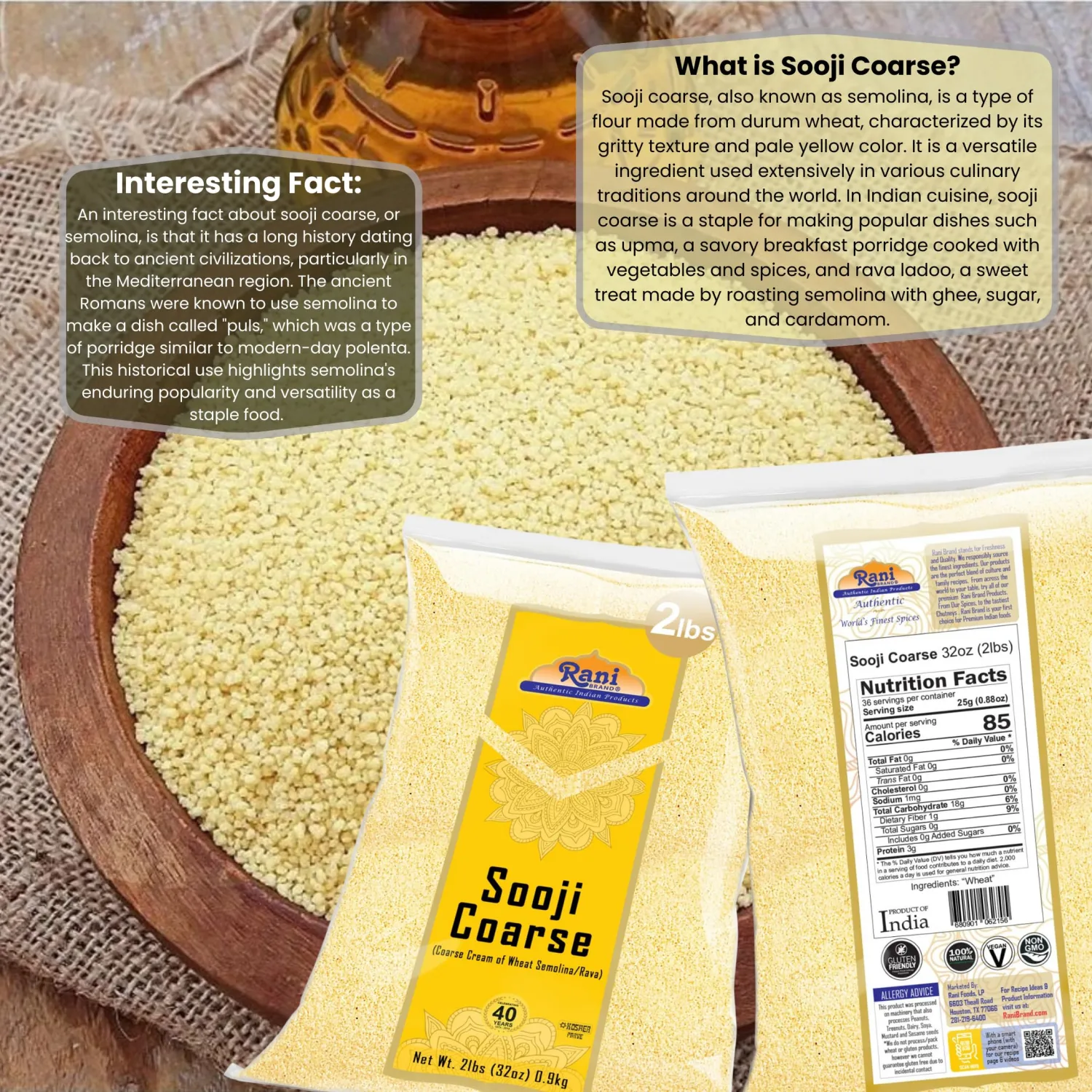 Rani Sooji Coarse (Farina, Suji, Rava, Rawa, Wheat Semolina) Flour 32oz (2lbs) 908g ~ All Natural | Vegan | NON-GMO | Kosher | Indian Origin