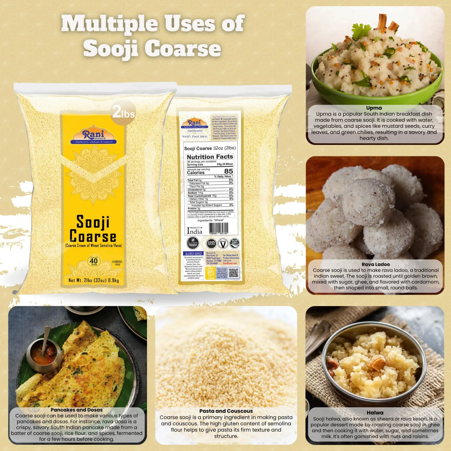 Rani Sooji Coarse (Farina, Suji, Rava, Rawa, Wheat Semolina) Flour 32oz (2lbs) 908g ~ All Natural | Vegan | NON-GMO | Kosher | Indian Origin