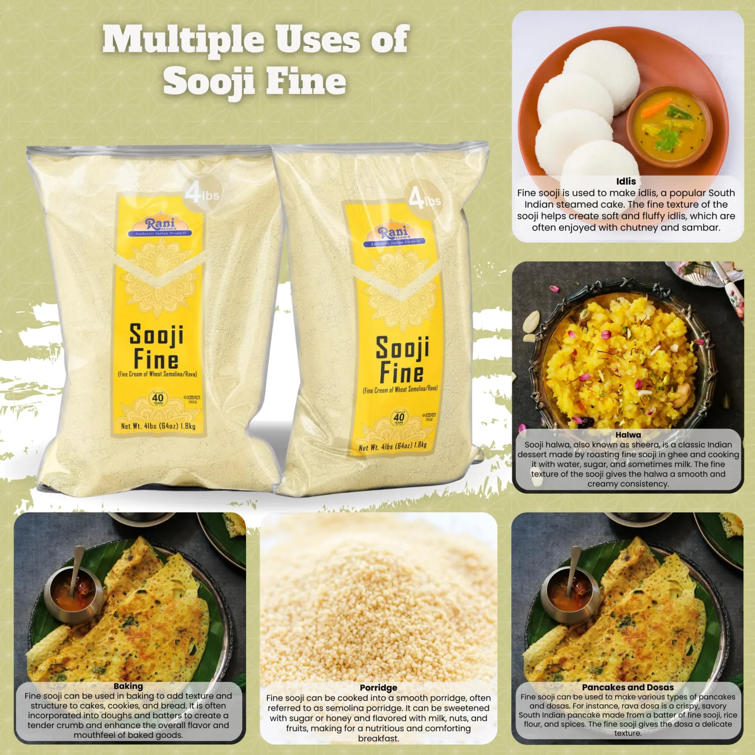 Rani Sooji Fine (Farina, Suji, Rava, Wheat) Flour 64oz (4lbs) 1.81kg Bulk ~ All Natural | Vegan | NON-GMO | Kosher | Indian Origin