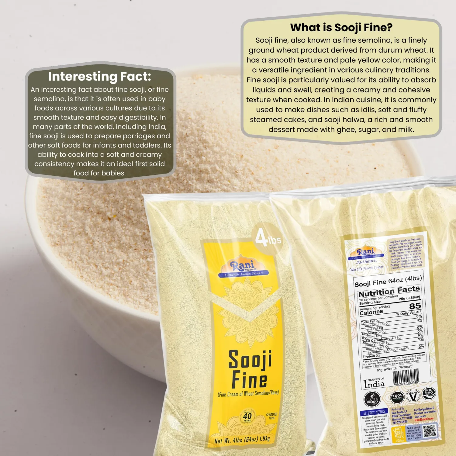 Rani Sooji Fine (Farina, Suji, Rava, Wheat) Flour 64oz (4lbs) 1.81kg Bulk ~ All Natural | Vegan | NON-GMO | Kosher | Indian Origin