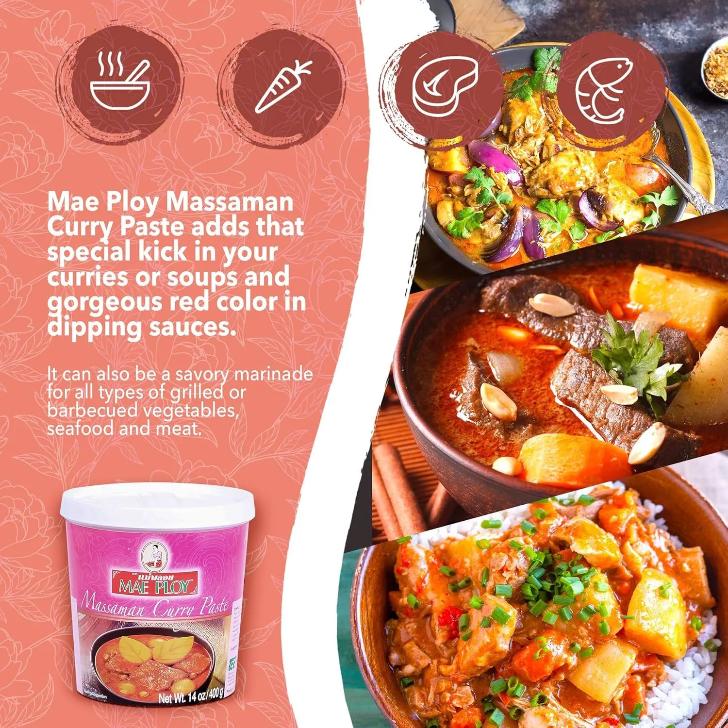 Mae Ploy Massaman Curry Paste, Authentic Thai Masaman Curry Paste For Thai Curries And Other Dishes, Aromatic Blend Of Herbs, Spices And Shrimp (14 oz Tub)