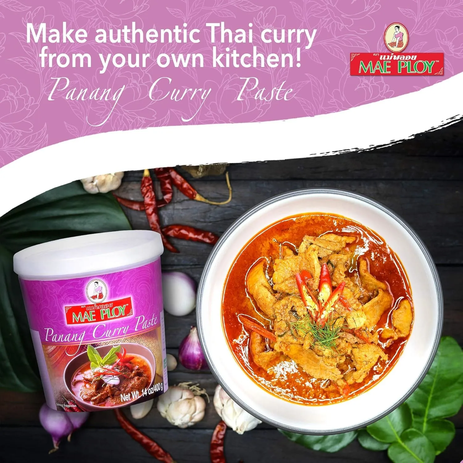 Mae Ploy Panang Curry Paste, Authentic Thai Panang for Thai Curries & Other Dishes, Aromatic Blend of Herbs, Spices & Shrimp Paste, No MSG (14 oz Tub)