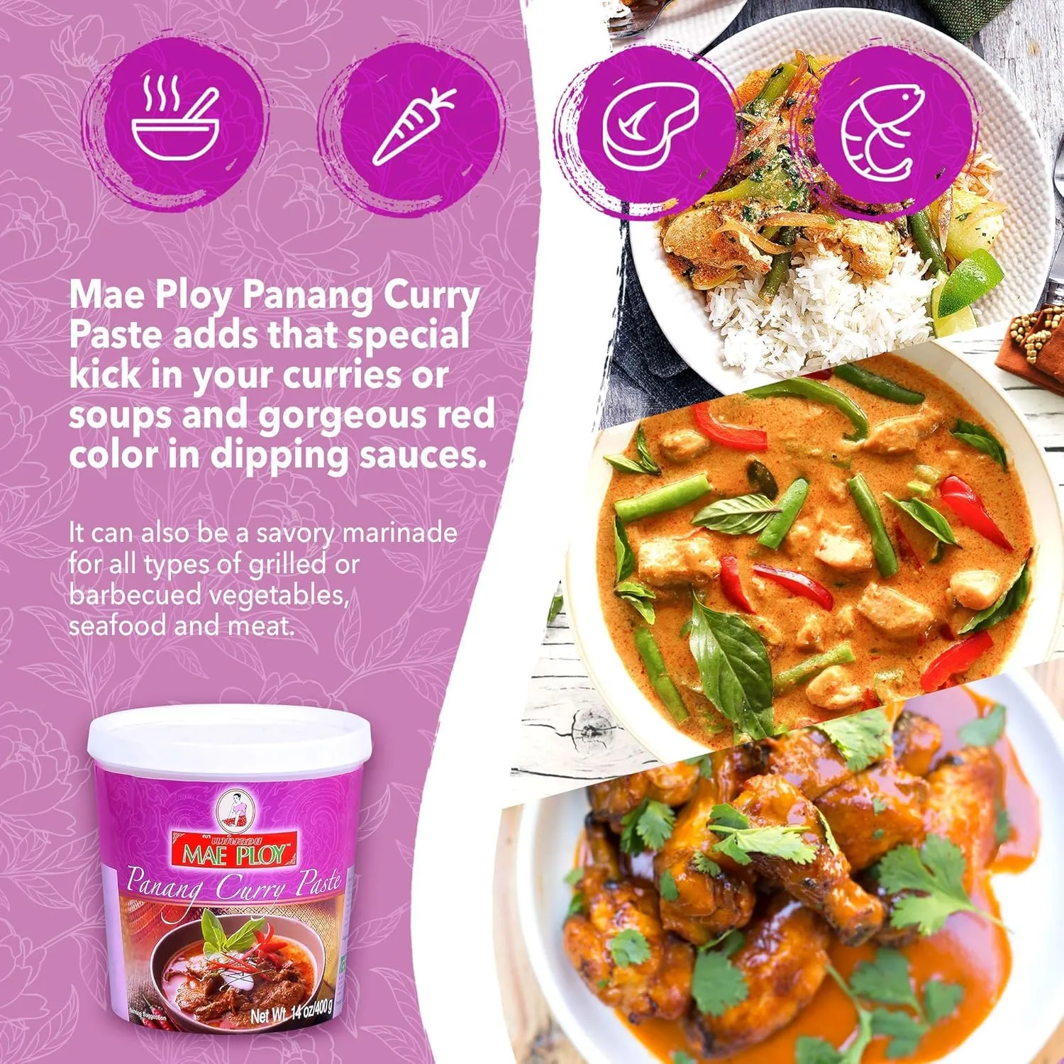 Mae Ploy Panang Curry Paste, Authentic Thai Panang for Thai Curries & Other Dishes, Aromatic Blend of Herbs, Spices & Shrimp Paste, No MSG (14 oz Tub)