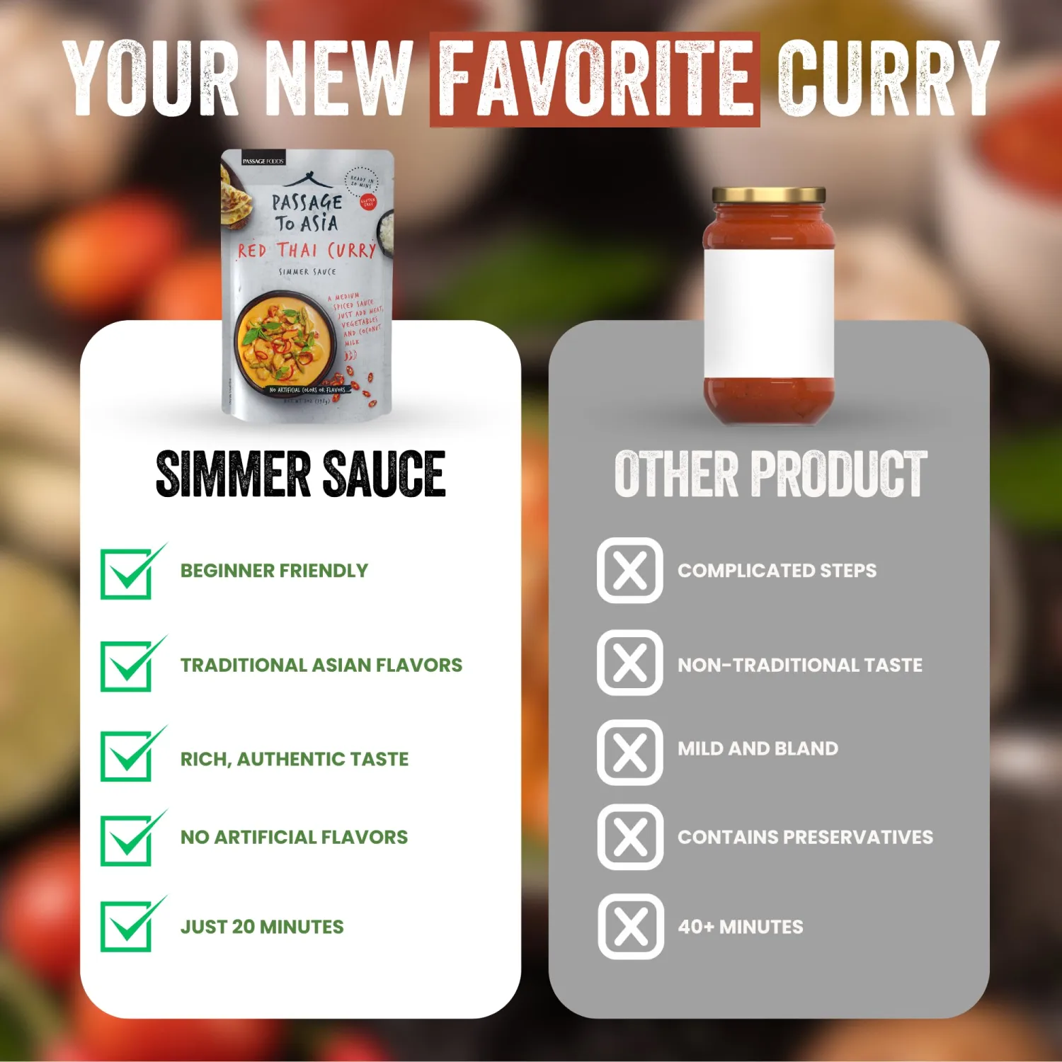 PASSAGE TO ASIA Curry Sauce - Authentic Red Thai Curry Simmer Sauce - Medium Spiced Thai Food - Quick Meals - No Artificial Additives - 198g