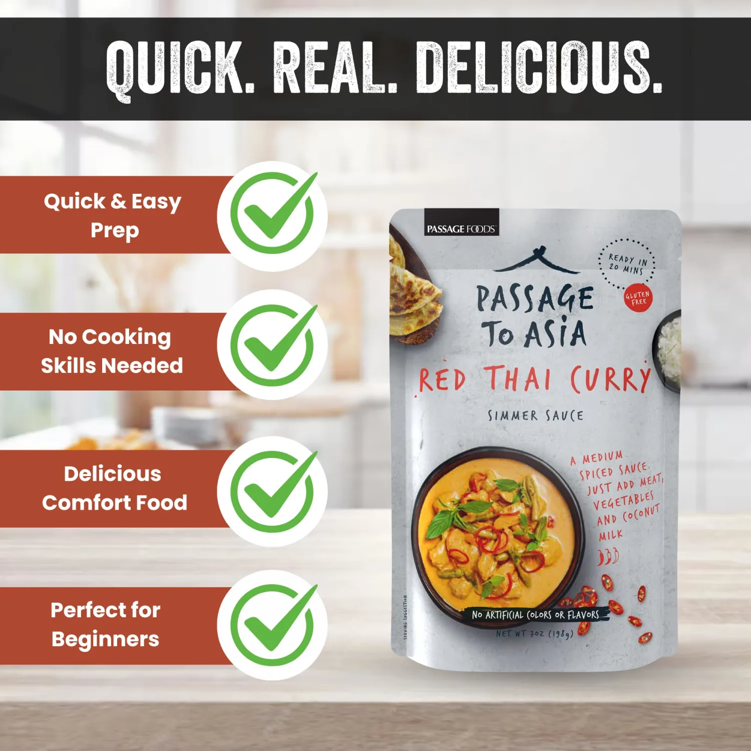 PASSAGE TO ASIA Curry Sauce - Authentic Red Thai Curry Simmer Sauce - Medium Spiced Thai Food - Quick Meals - No Artificial Additives - 198g