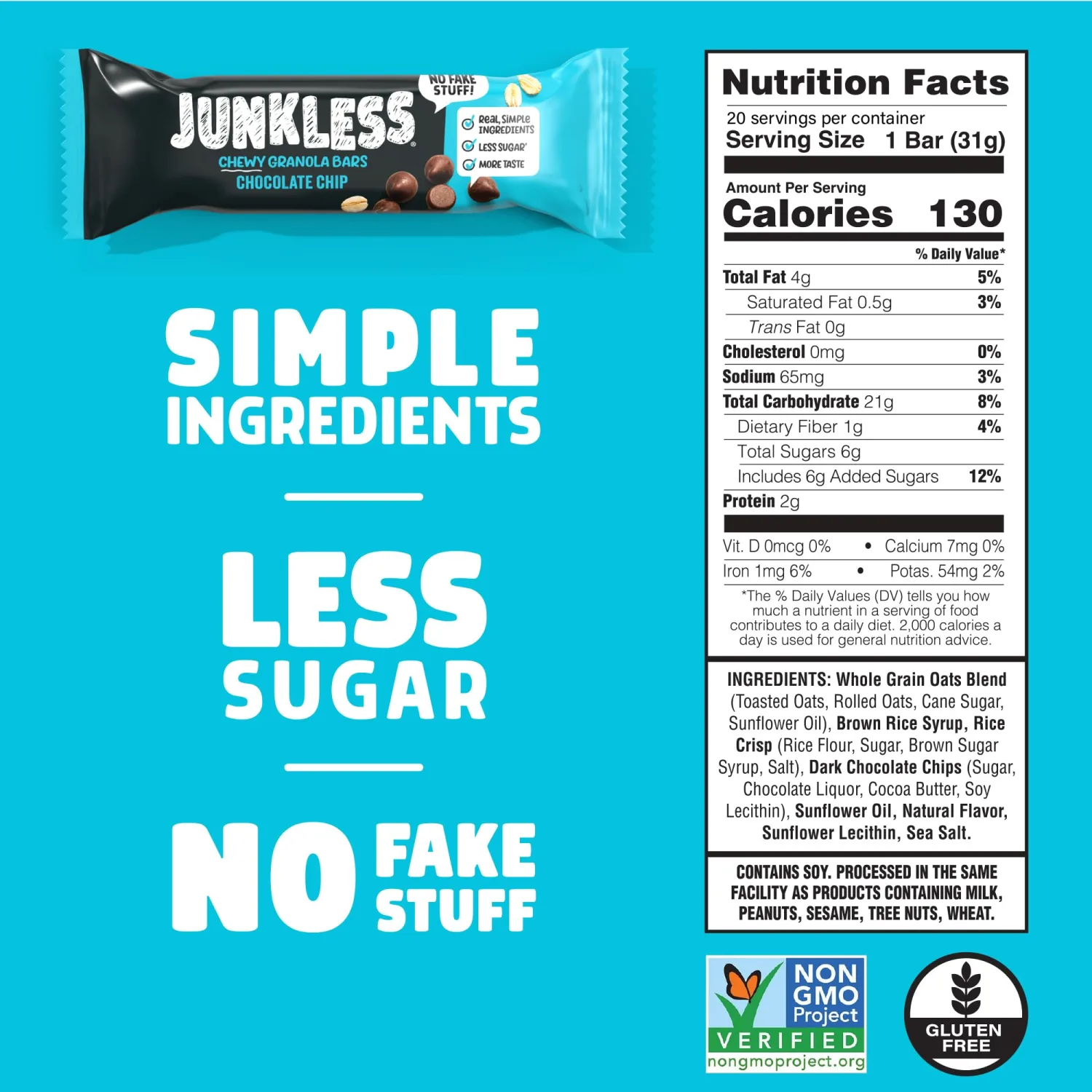Junkless Chewy Granola Bar 20ct Family Pack - Less Sugar, Great Tasting, Non-GMO, Gluten Free - Bulk Granola Bars - 1.1 oz. Bars (20 Count, Chocolate Chip)