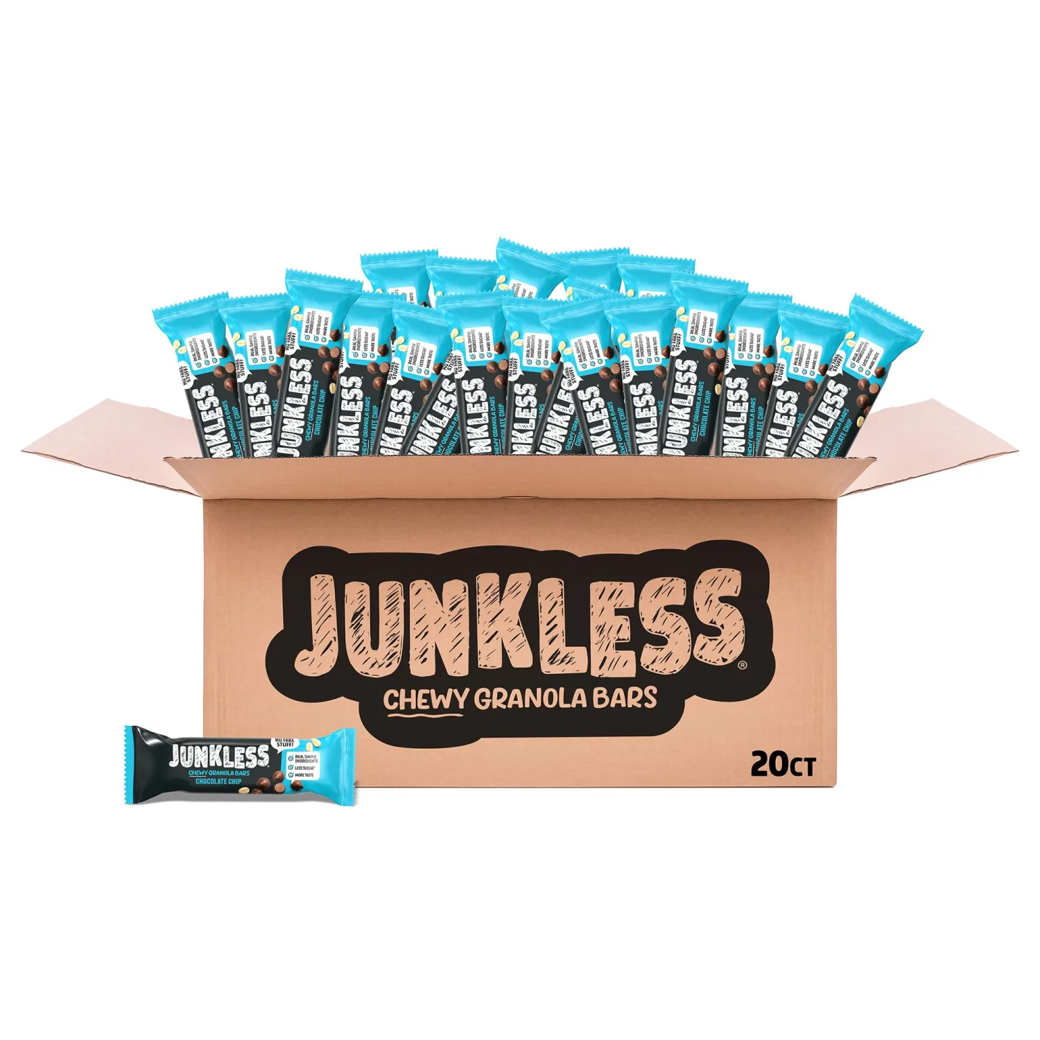 Junkless Chewy Granola Bar 20ct Family Pack - Less Sugar, Great Tasting, Non-GMO, Gluten Free - Bulk Granola Bars - 1.1 oz. Bars (20 Count, Chocolate Chip)