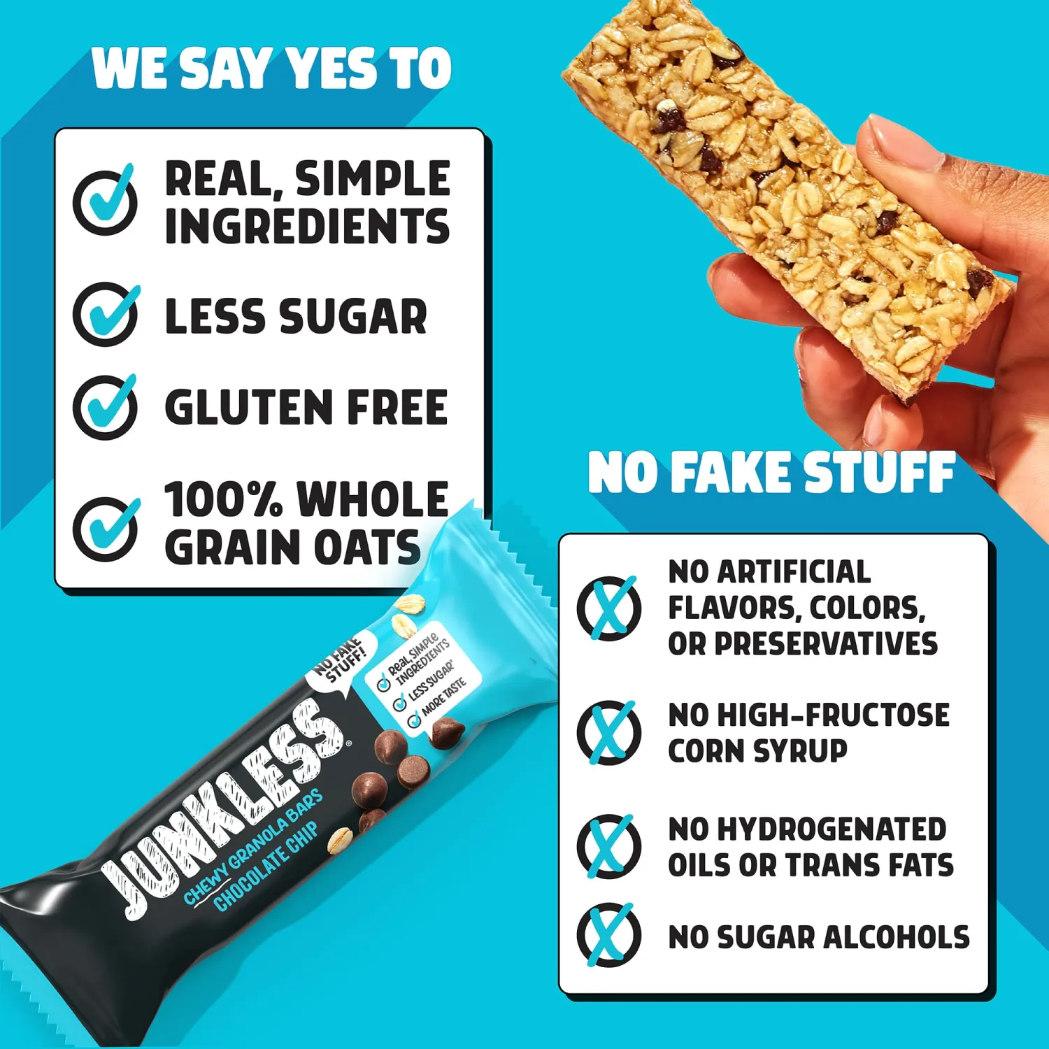 Junkless Chewy Granola Bar 20ct Family Pack - Less Sugar, Great Tasting, Non-GMO, Gluten Free - Bulk Granola Bars - 1.1 oz. Bars (20 Count, Chocolate Chip)