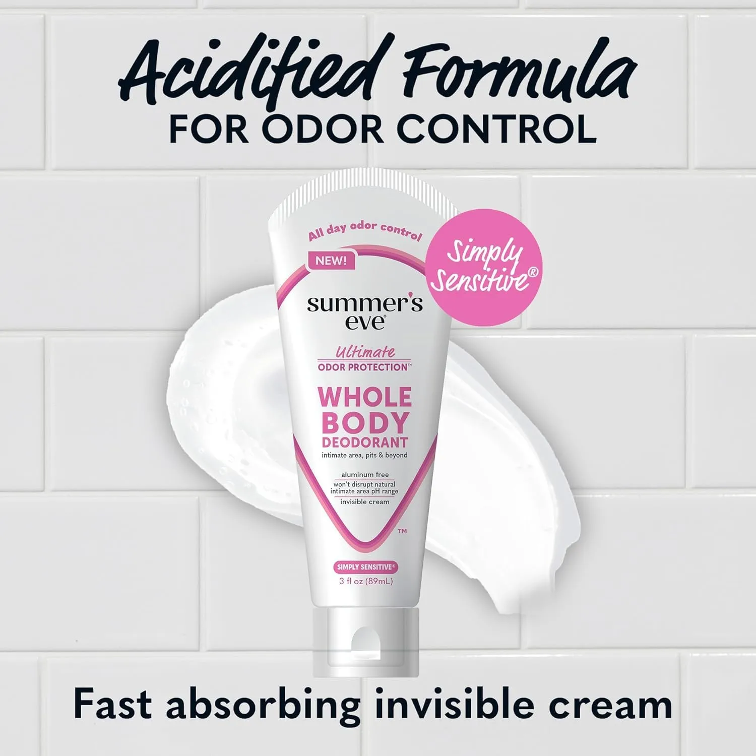 Summer's Eve, Whole Body Deodorant for Women, Ultimate Odor Control, Aluminum Free Deodorant, 3 Fl Oz + Simply Sensitive Daily Refreshing Feminine Wipes, Removes Odor, pH Balanced, 12 Count