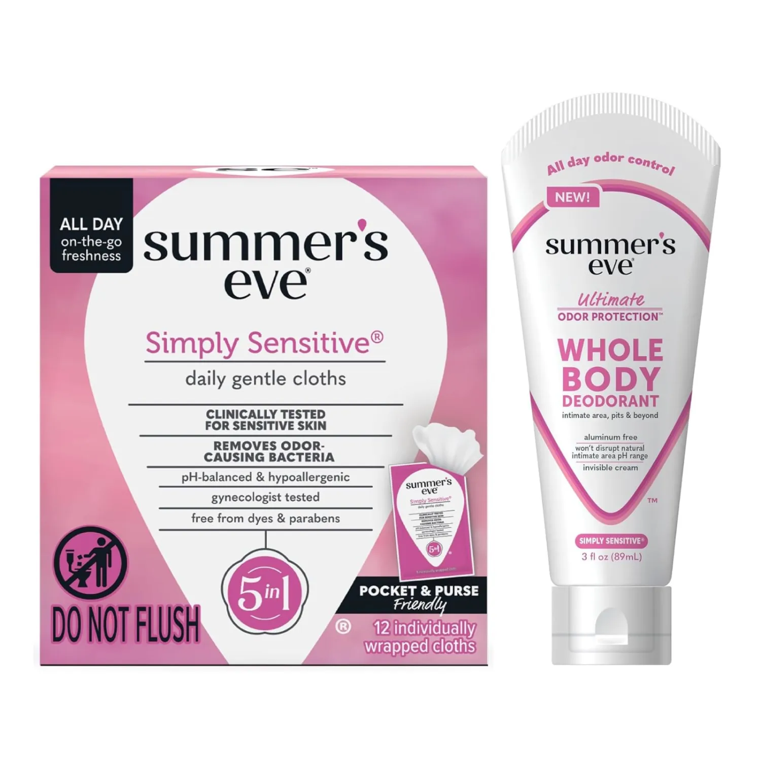 Summer's Eve, Whole Body Deodorant for Women, Ultimate Odor Control, Aluminum Free Deodorant, 3 Fl Oz + Simply Sensitive Daily Refreshing Feminine Wipes, Removes Odor, pH Balanced, 12 Count