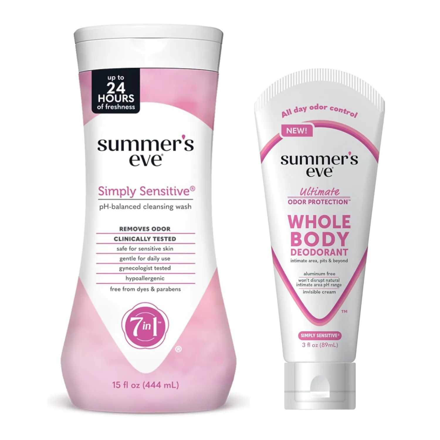 Summer's Eve, Whole Body Deodorant for Women, Ultimate Odor Control, Aluminum Free Deodorant, 3 Fl Oz + Simply Sensitive Daily Gentle All Over Feminine Body Wash, Removes Odor, pH Balanced, 15 fl oz