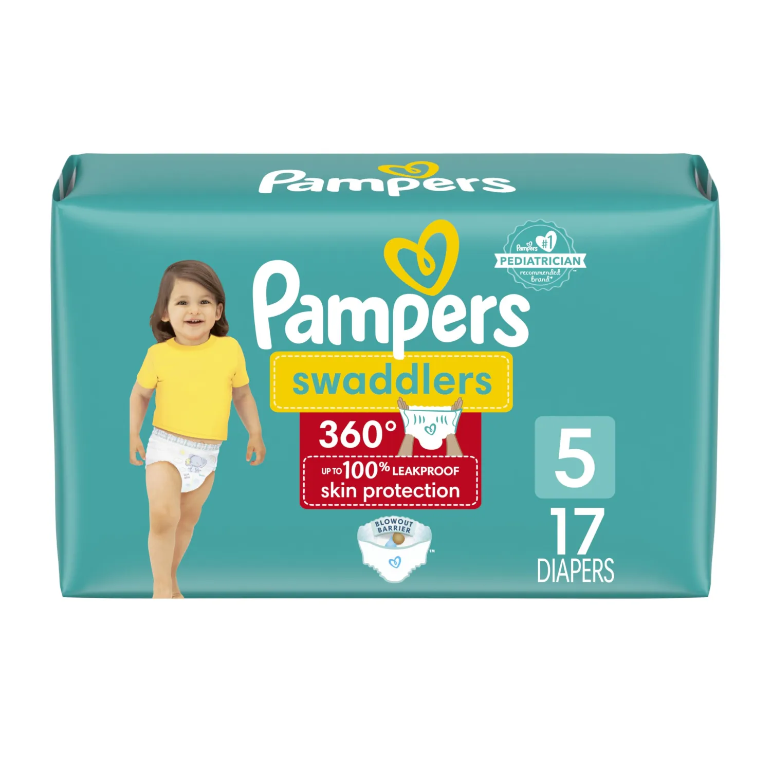 Pampers Swaddlers 360 Pull-On Diapers, Size 5 (22-37 lbs), 17 Count, for up to 100% Leakproof Skin Protection