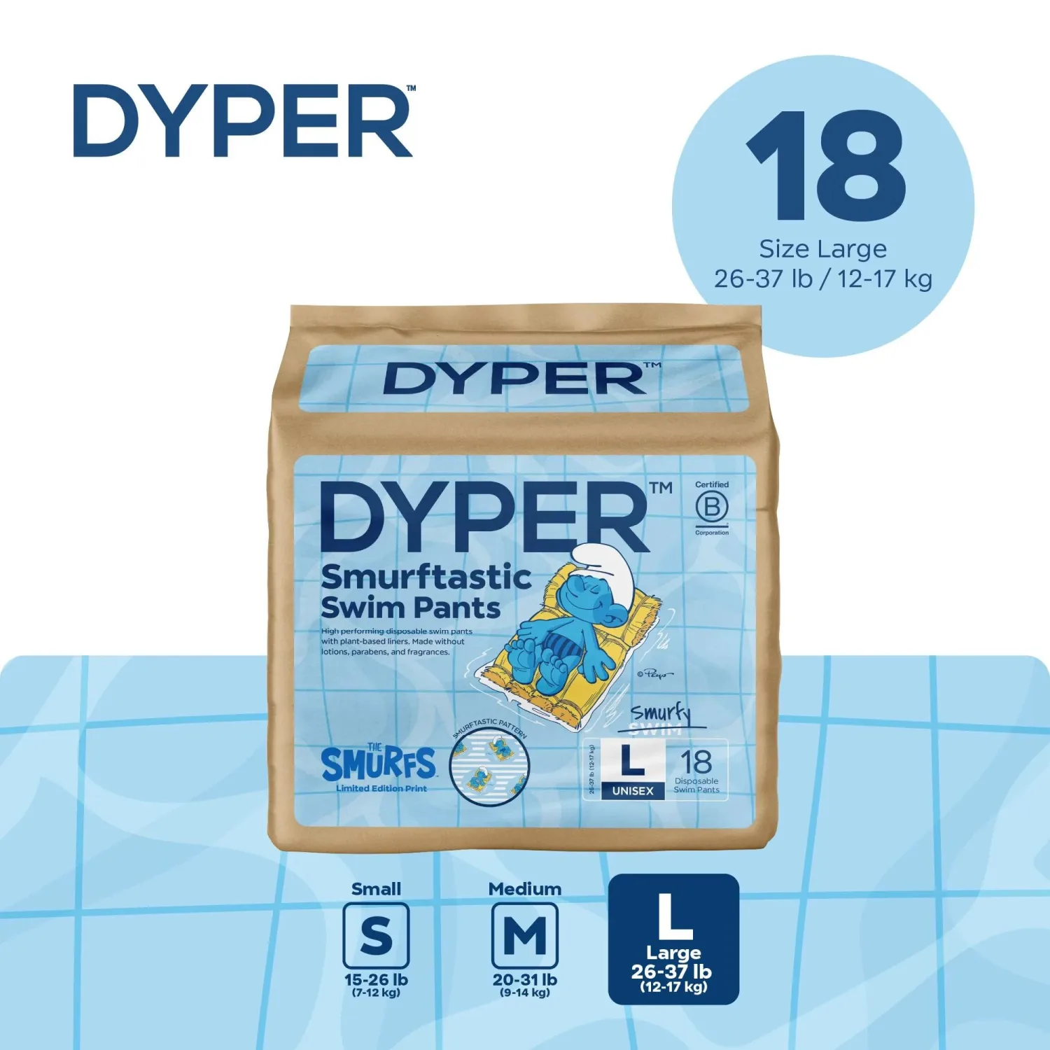 DYPER - Smurftastic Swim Pants - Affordable Diapers, Hypoallergenic, Plant-Based, Absorbent & Quick-Drying, Eco-Friendly, Fun Prints - Size L, 26-37 lbs (19 Count)