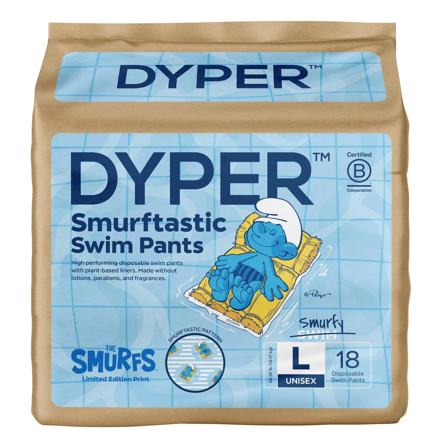 DYPER - Smurftastic Swim Pants - Affordable Diapers, Hypoallergenic, Plant-Based, Absorbent & Quick-Drying, Eco-Friendly, Fun Prints - Size L, 26-37 lbs (19 Count)