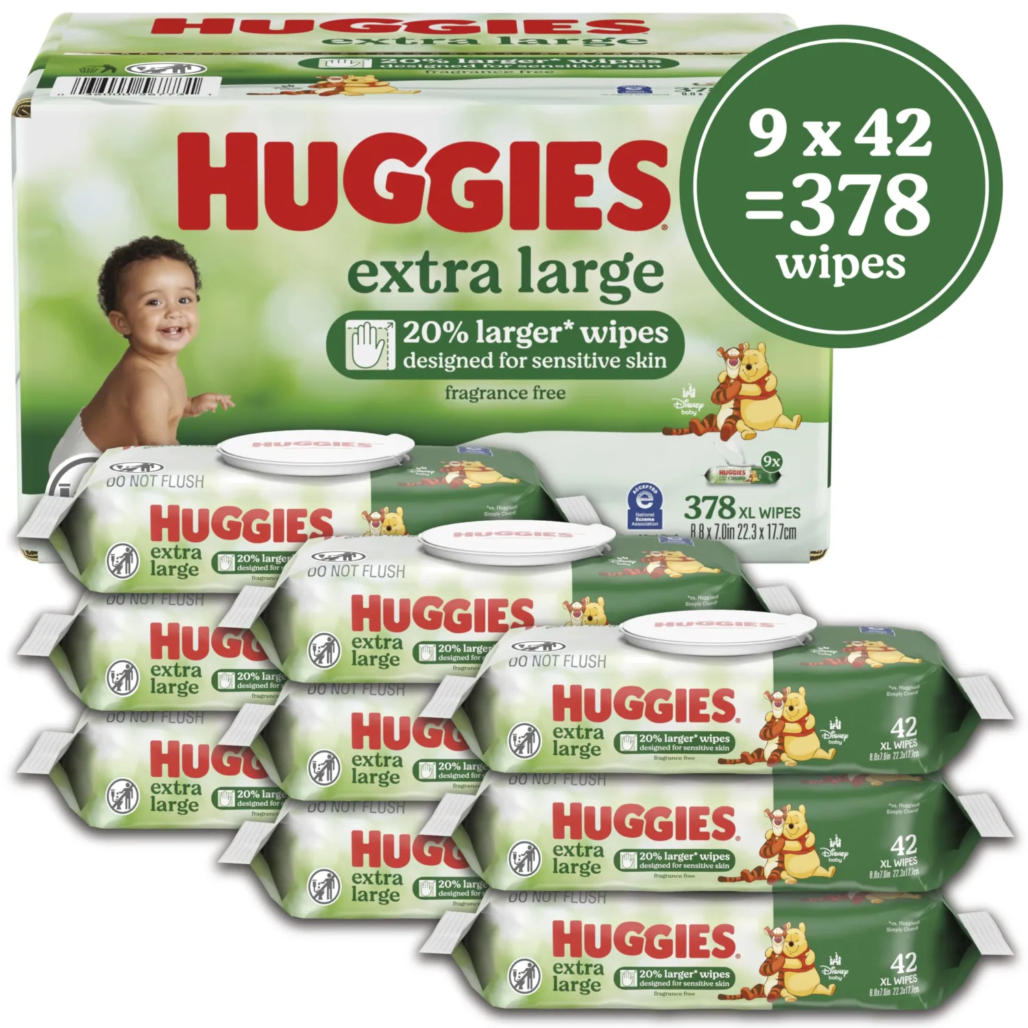 Huggies Extra Large Baby Wipes, Unscented, 9 Flip-Top Packs, 378 XL Wipes Total, Packaging May Vary