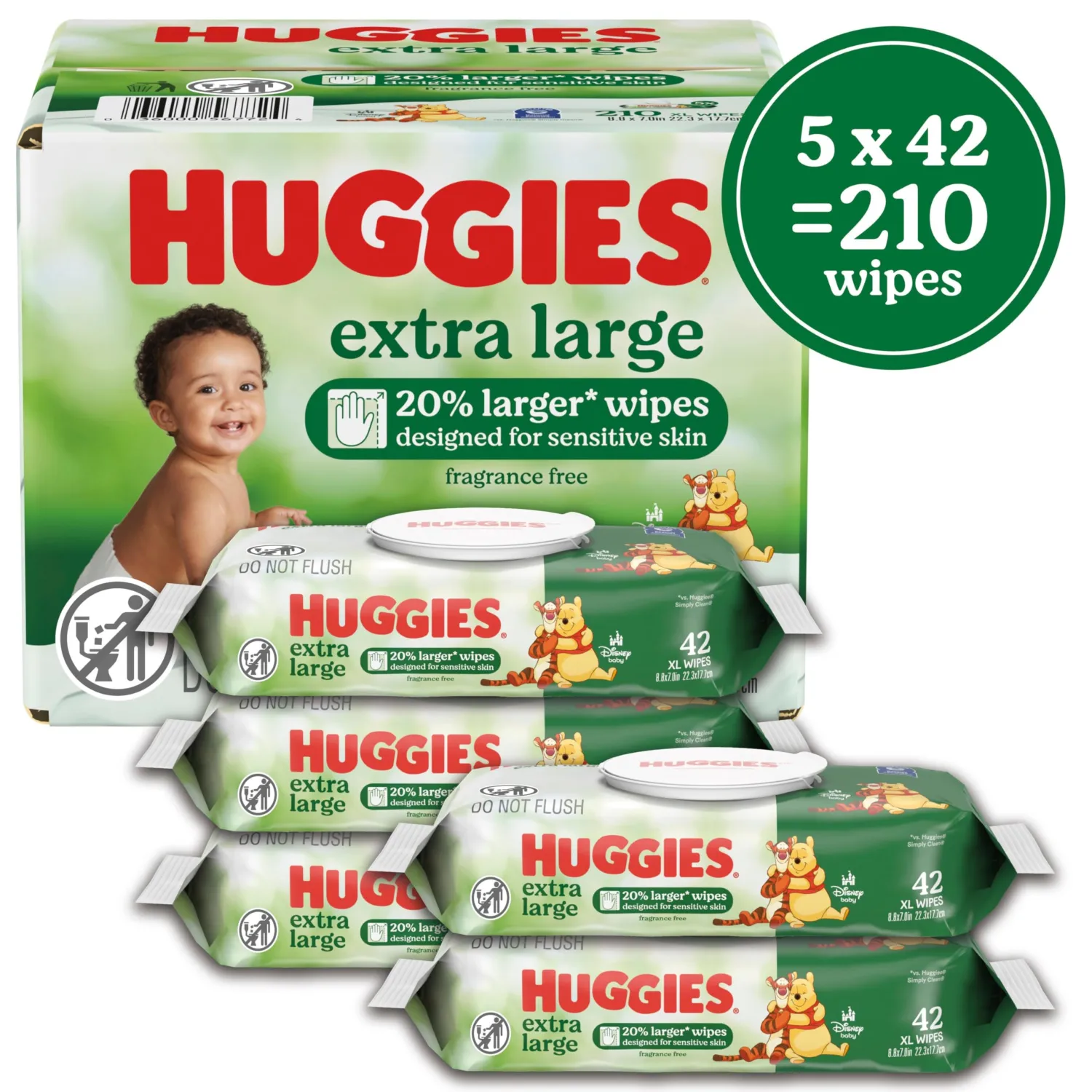 Huggies Extra Large Baby Wipes, Unscented, 5 Flip-Top Packs, 210 XL Wipes Total, Packaging May Vary